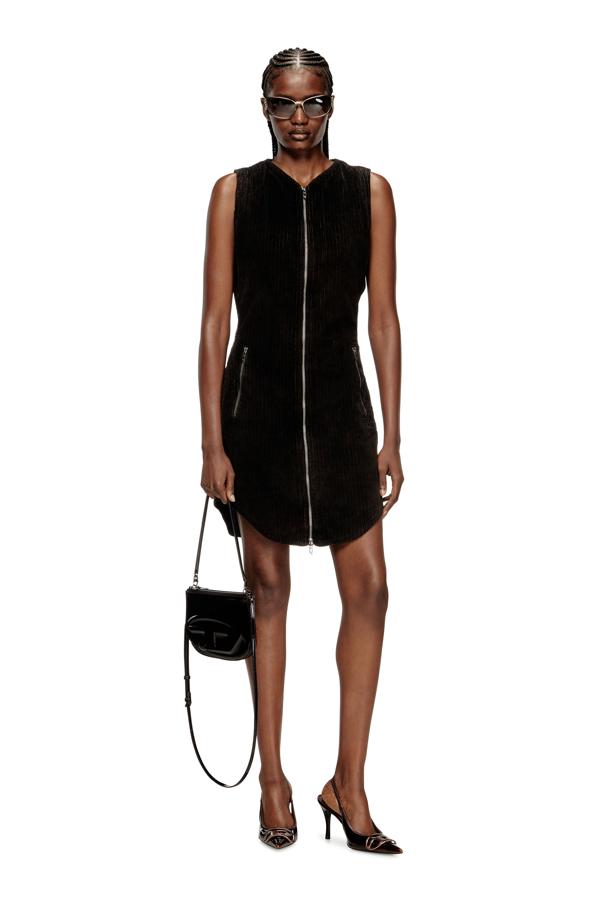 Diesel - D-ENEA, Vestido corto de algodón con cremallera frontal Mujer in Negro - 1