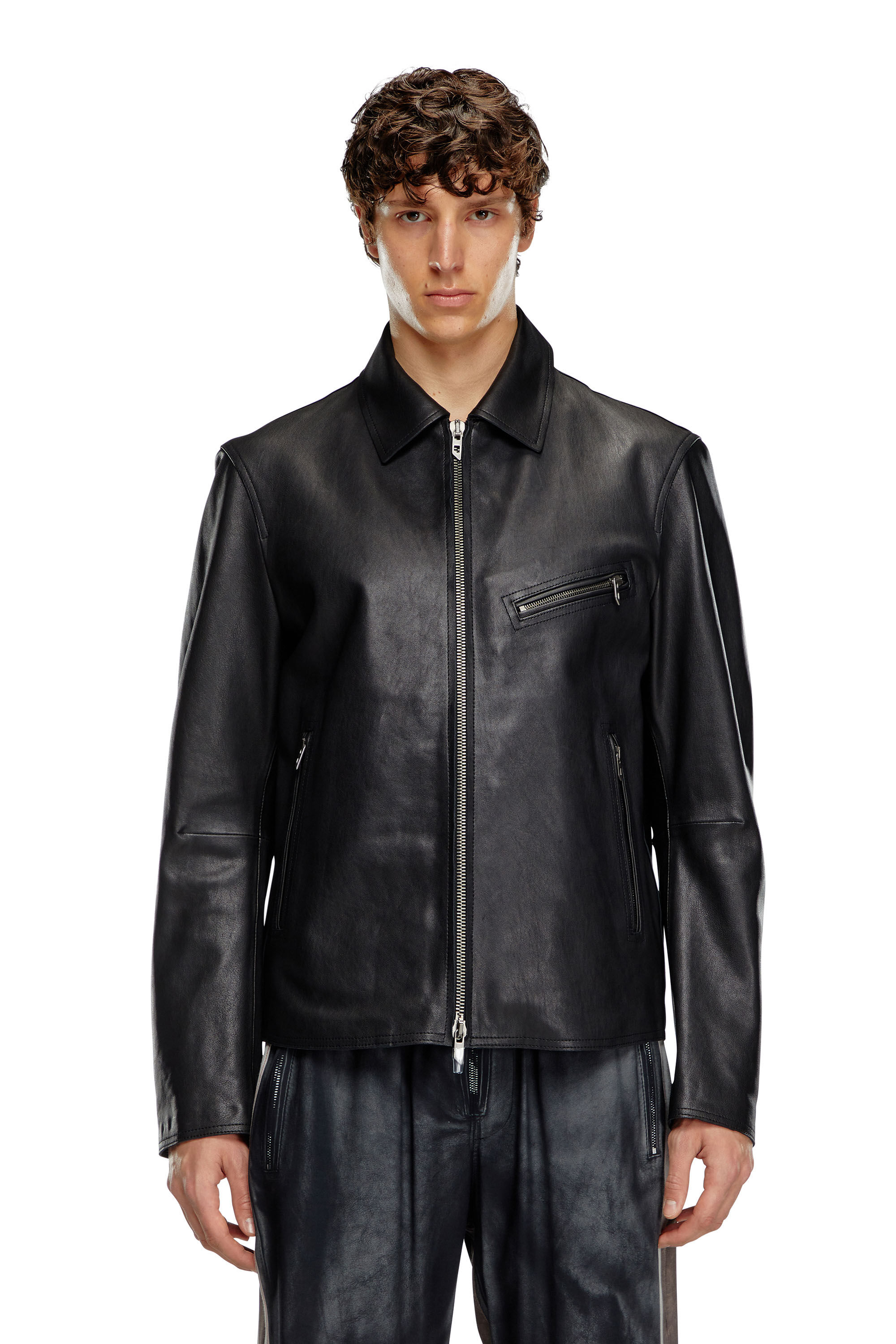 Men's Leather jacket with embossed Oval D | Black | Diesel
