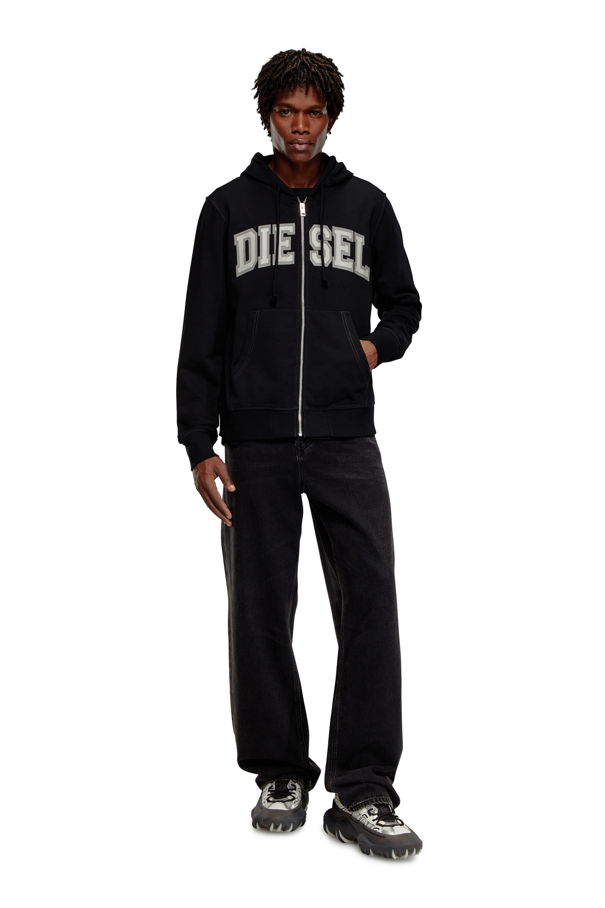Men's Zip-up hoodie with collegiate graphics | Black | Diesel