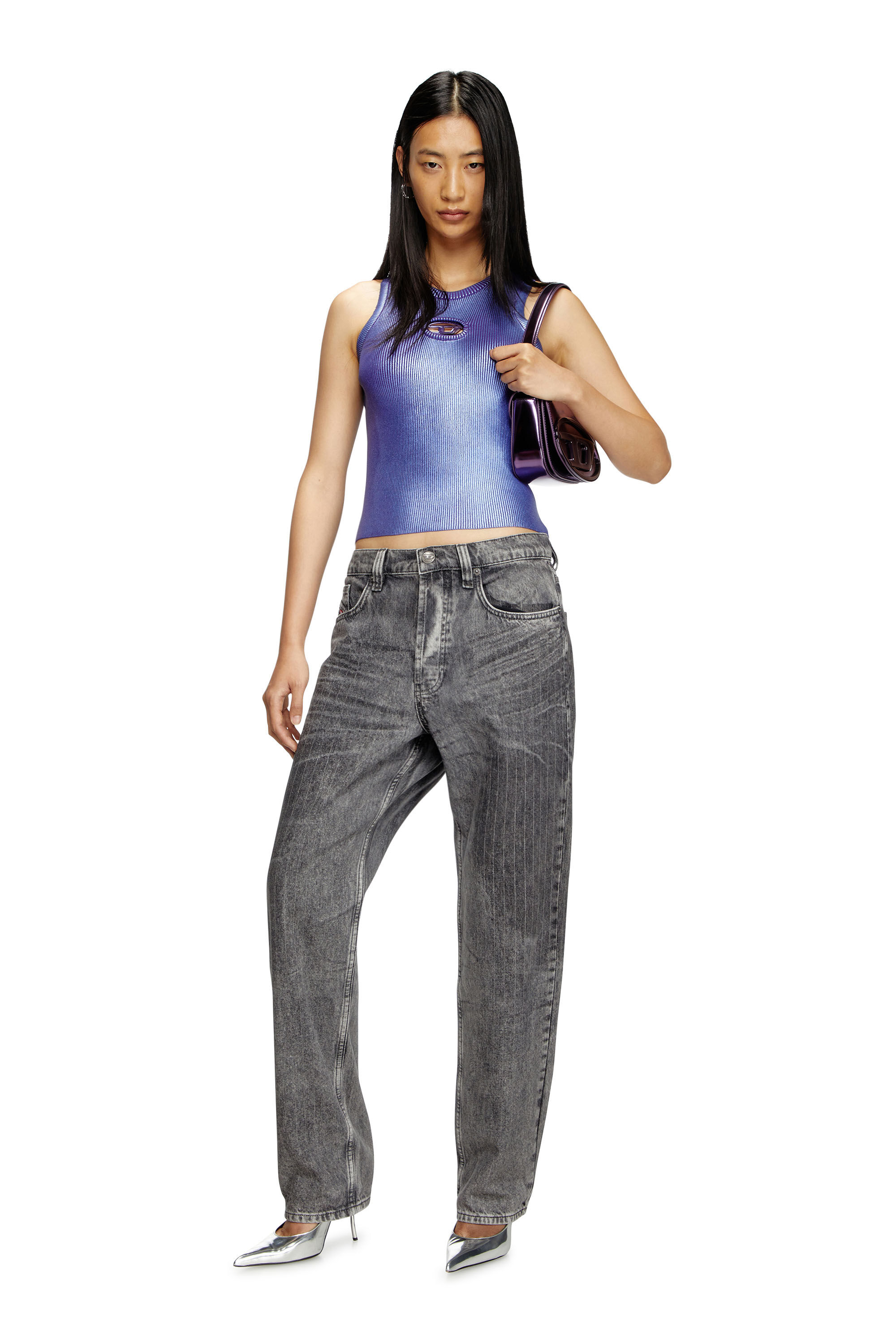 Diesel - M-CADDIX-TOP-M, Camiseta con tirantes de tejido en canalé metálico Mujer in Morado - 1