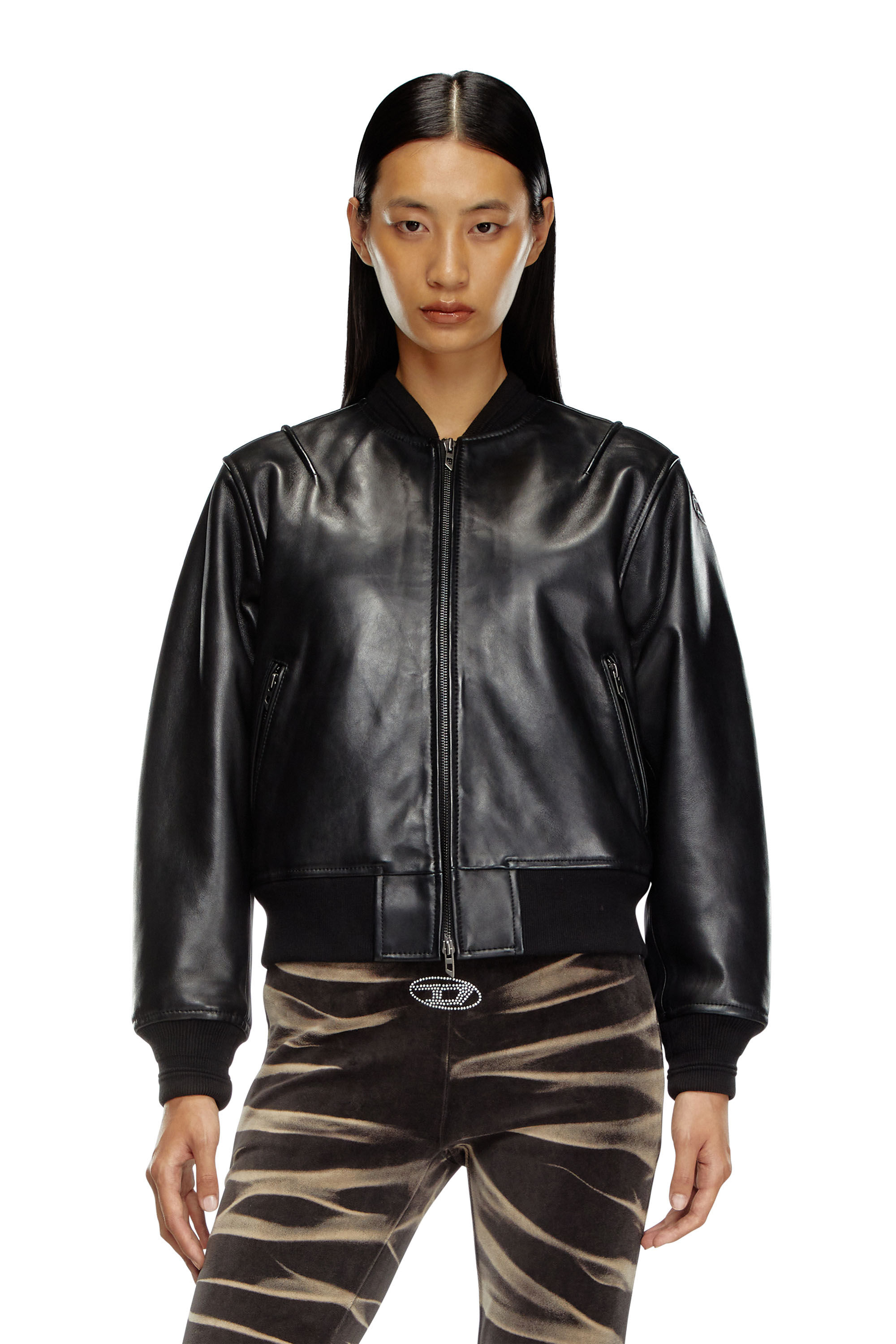 Diesel - L-ILAN, Chaqueta bomber extragrande de cuero Mujer in Negro - 3