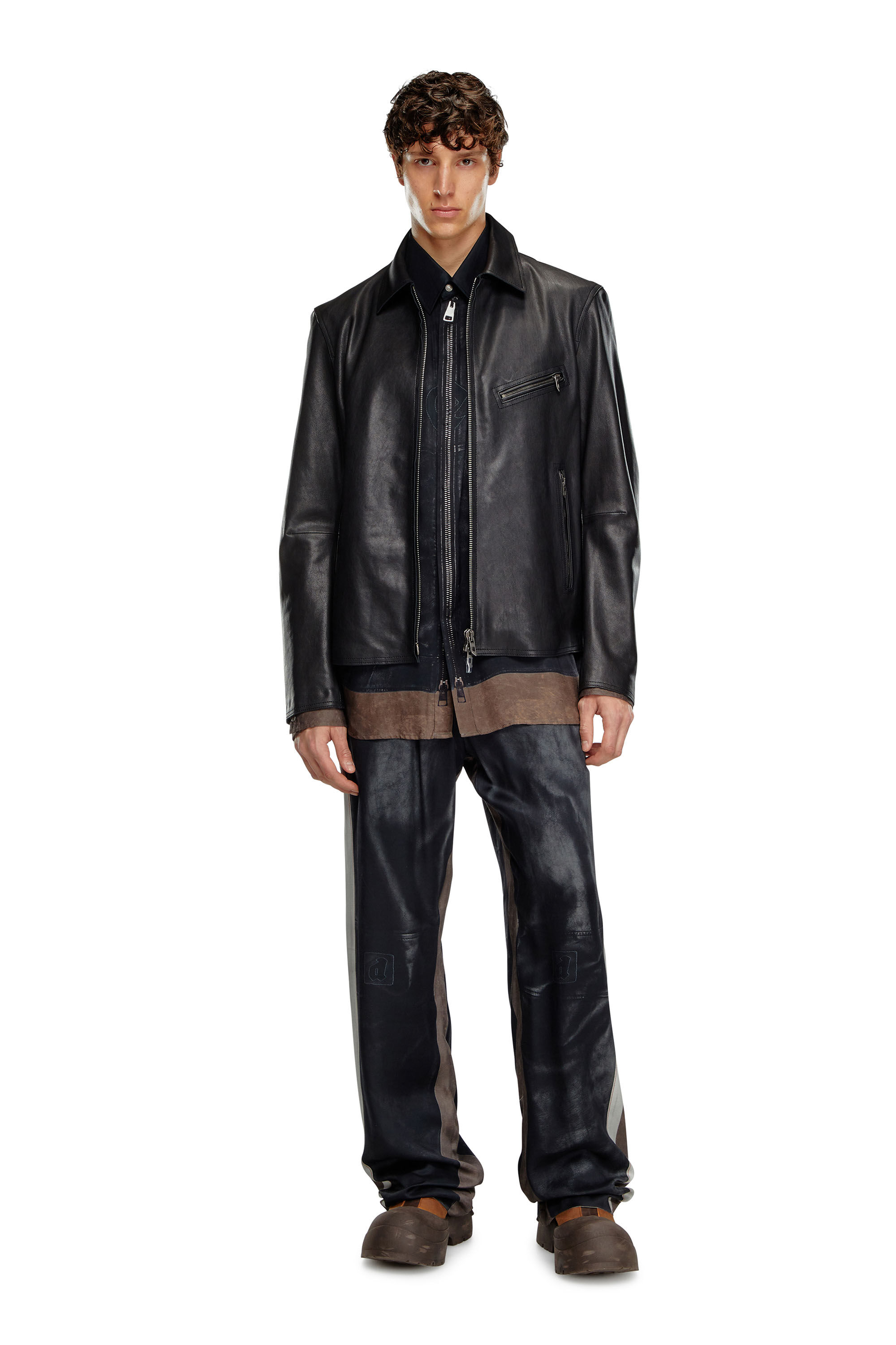 Diesel - L-KORN-A, Man Leather jacket with embossed Oval D in Black - Image 1