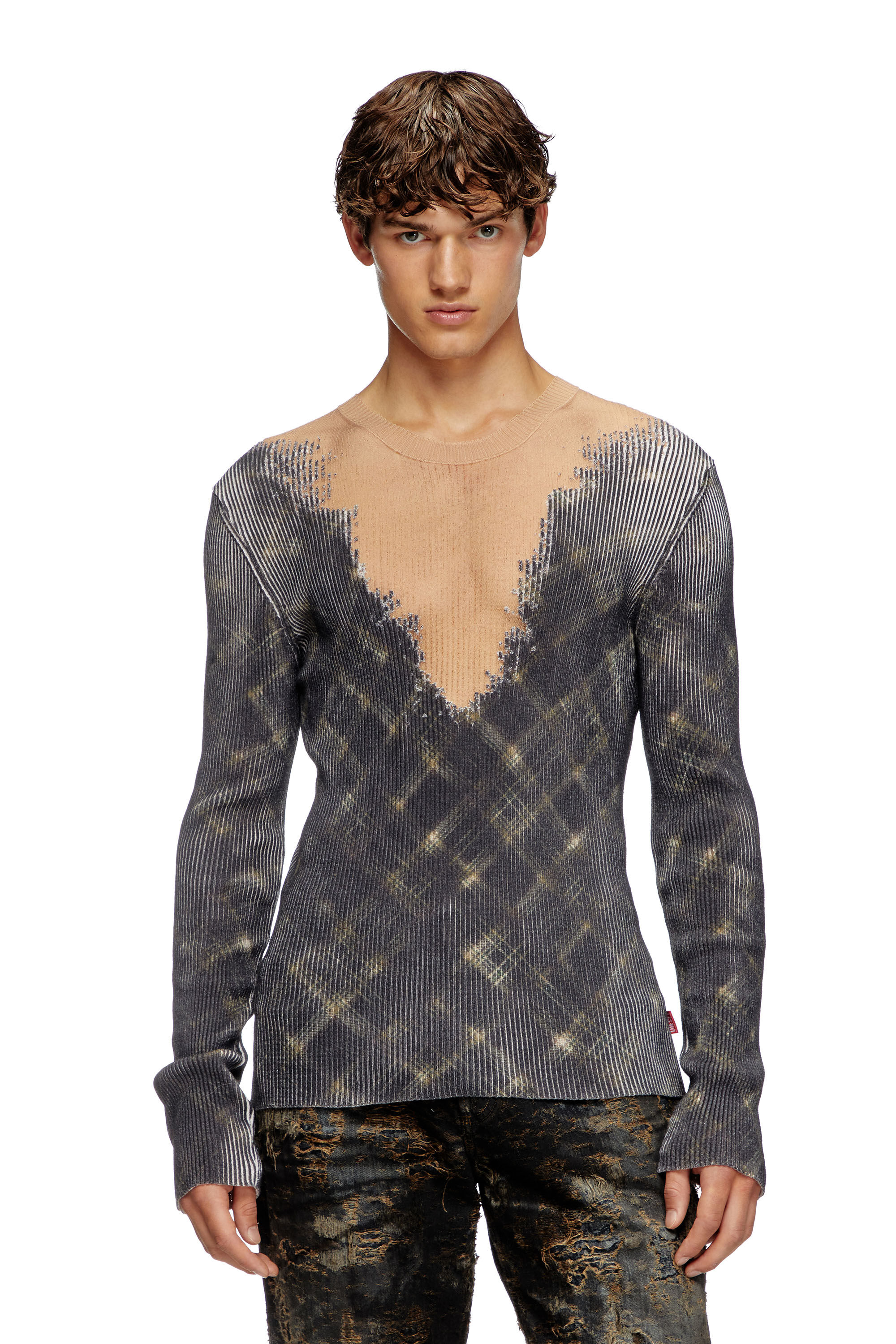 Diesel - K-FEDRO, Jersey a cuadros con manchas de sudor en devoré Hombre in Gris - 3