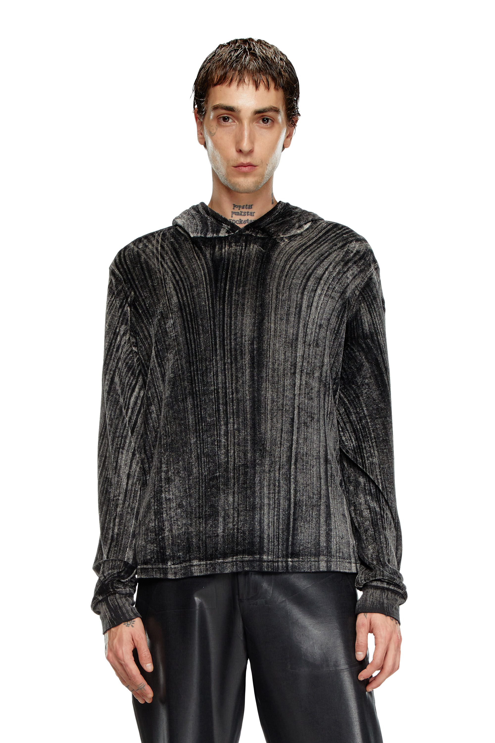 Diesel - T-VELJUST-LS-HOOD, Man's Hooded long-sleeve T-shirt in chenille in Black - 3