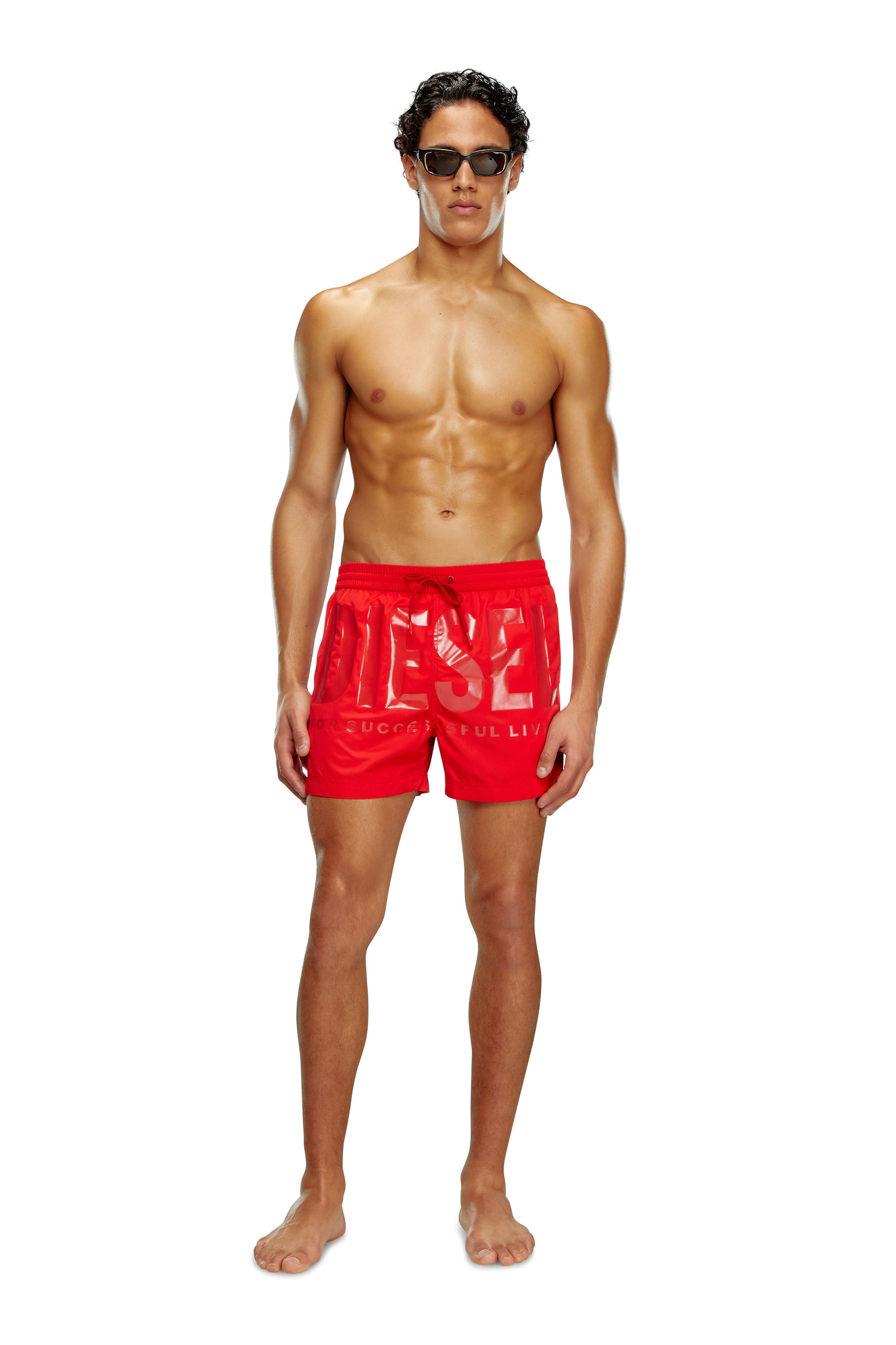 Men's Mid-length swim shorts with tonal logo | Red | Diesel