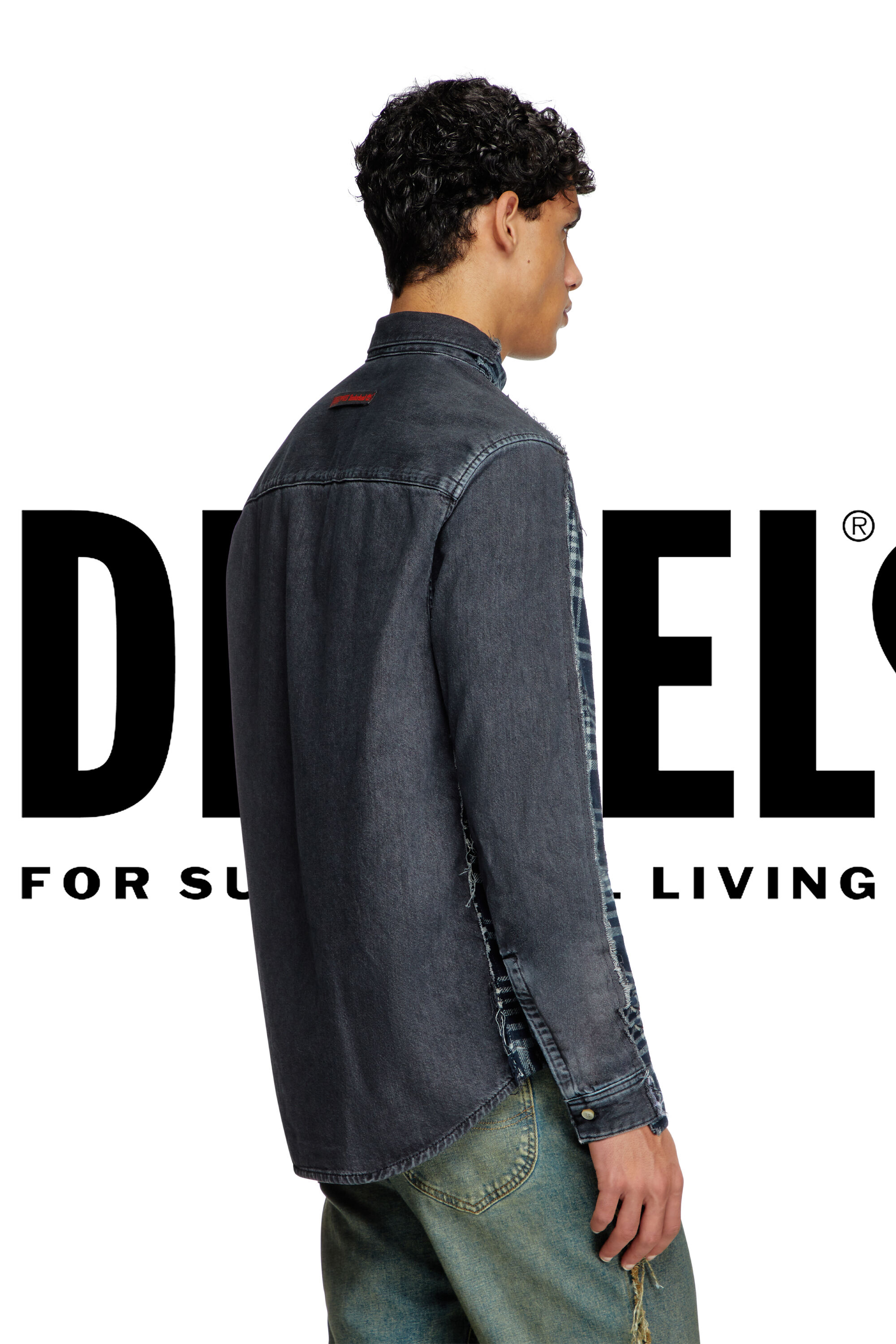 Diesel - Shirt Dieseloves 6B, Unisex's Overdyed check and denim shirt in Blue/Black - 3