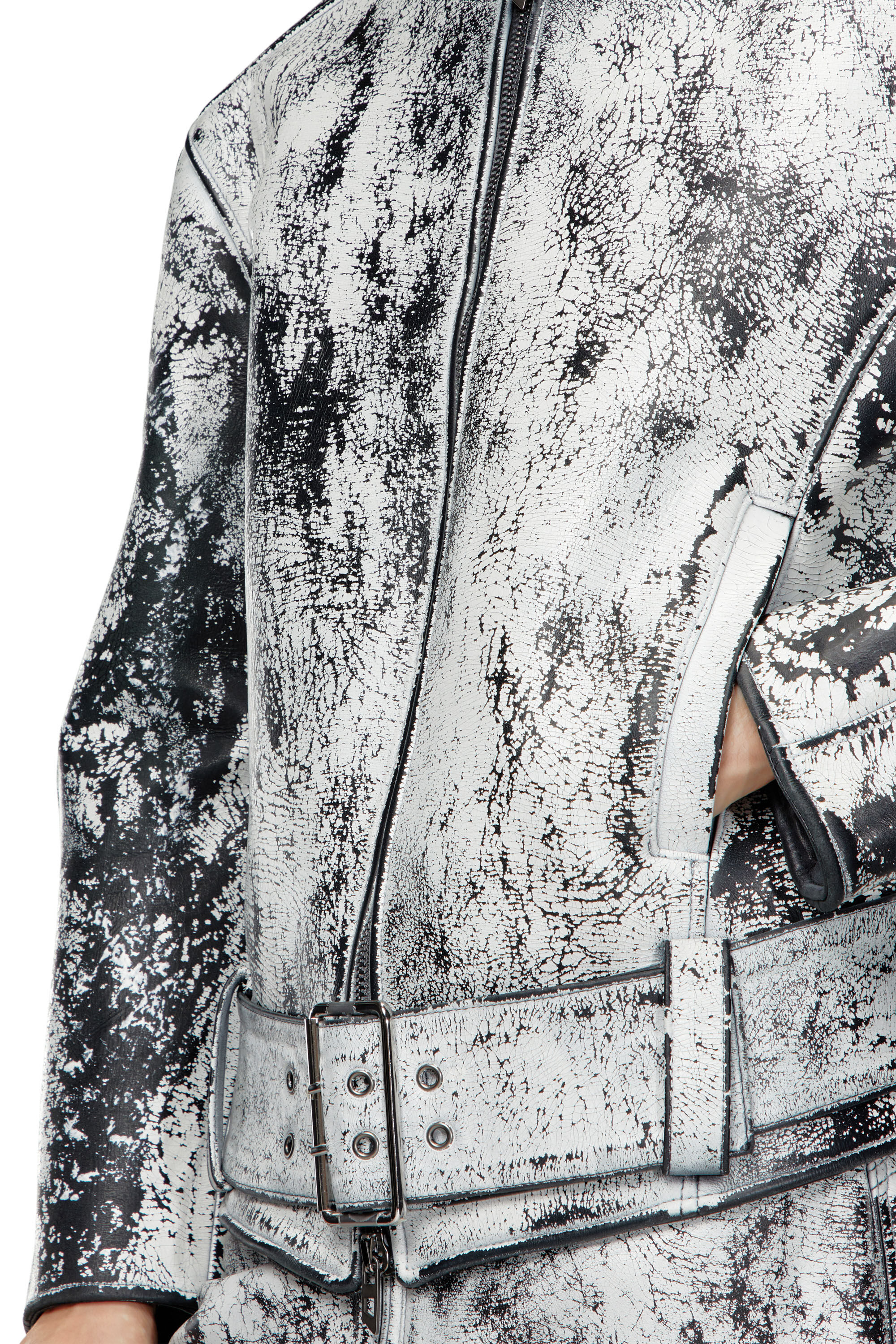 Diesel - L-MARGY-MALE, Man's Oversized biker jacket in treated leather in Black/White - 4