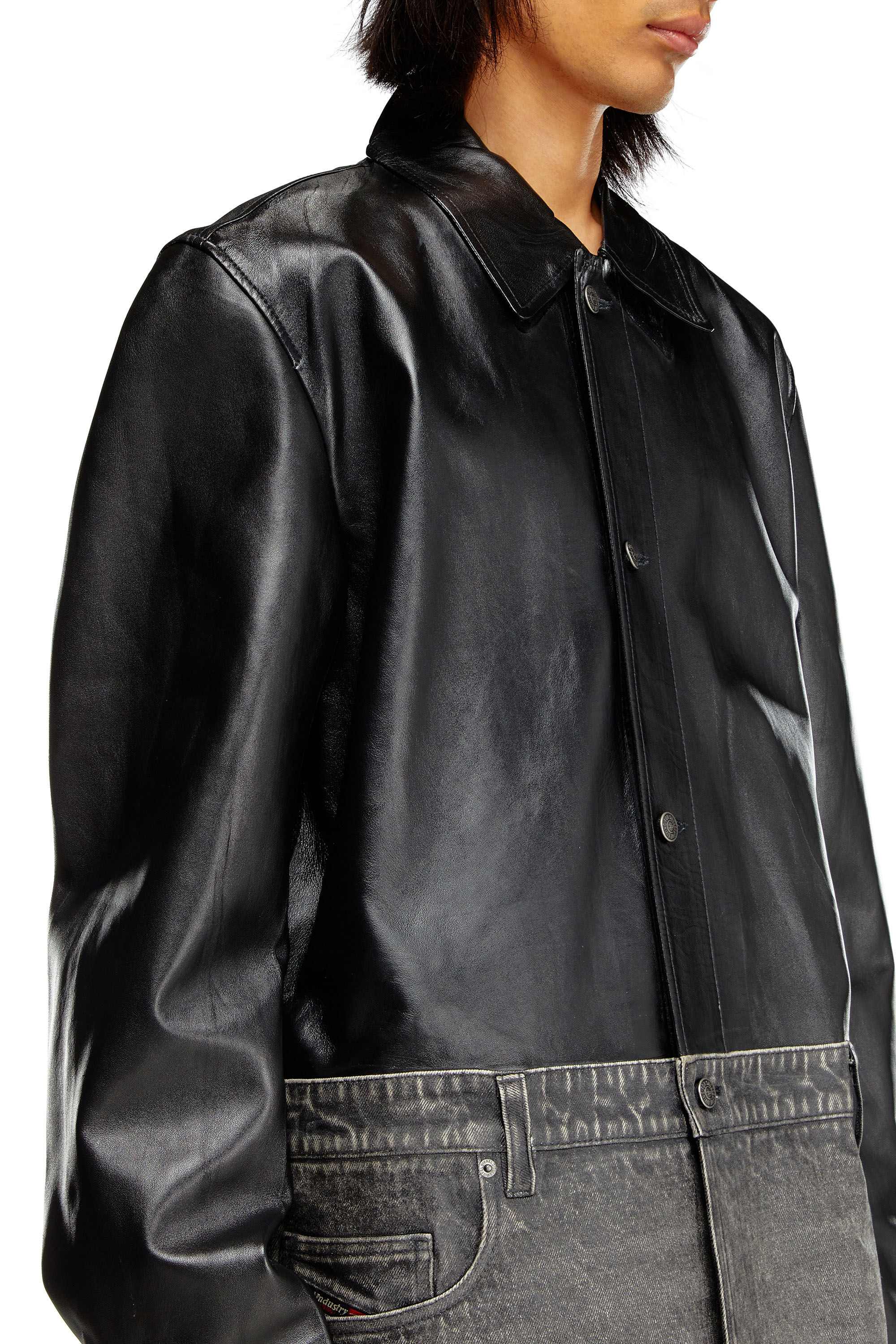 Diesel - L-BRETCH, Man Leather and denim shirt jacket in Black - Image 3