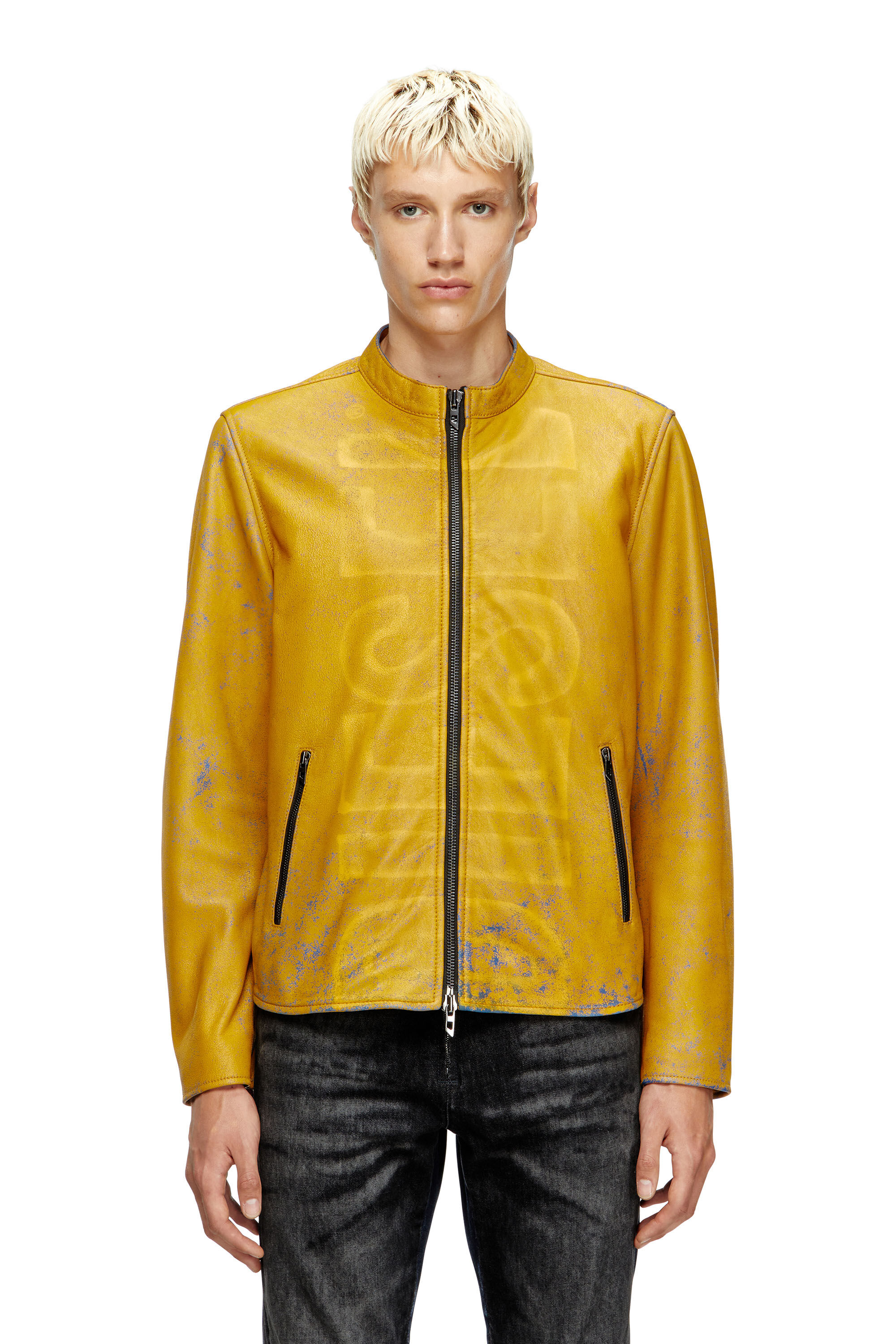 Diesel - L-EVERT-A, Chaqueta biker de cuero tratado con logotipo desteñido Hombre in Amarillo - 3