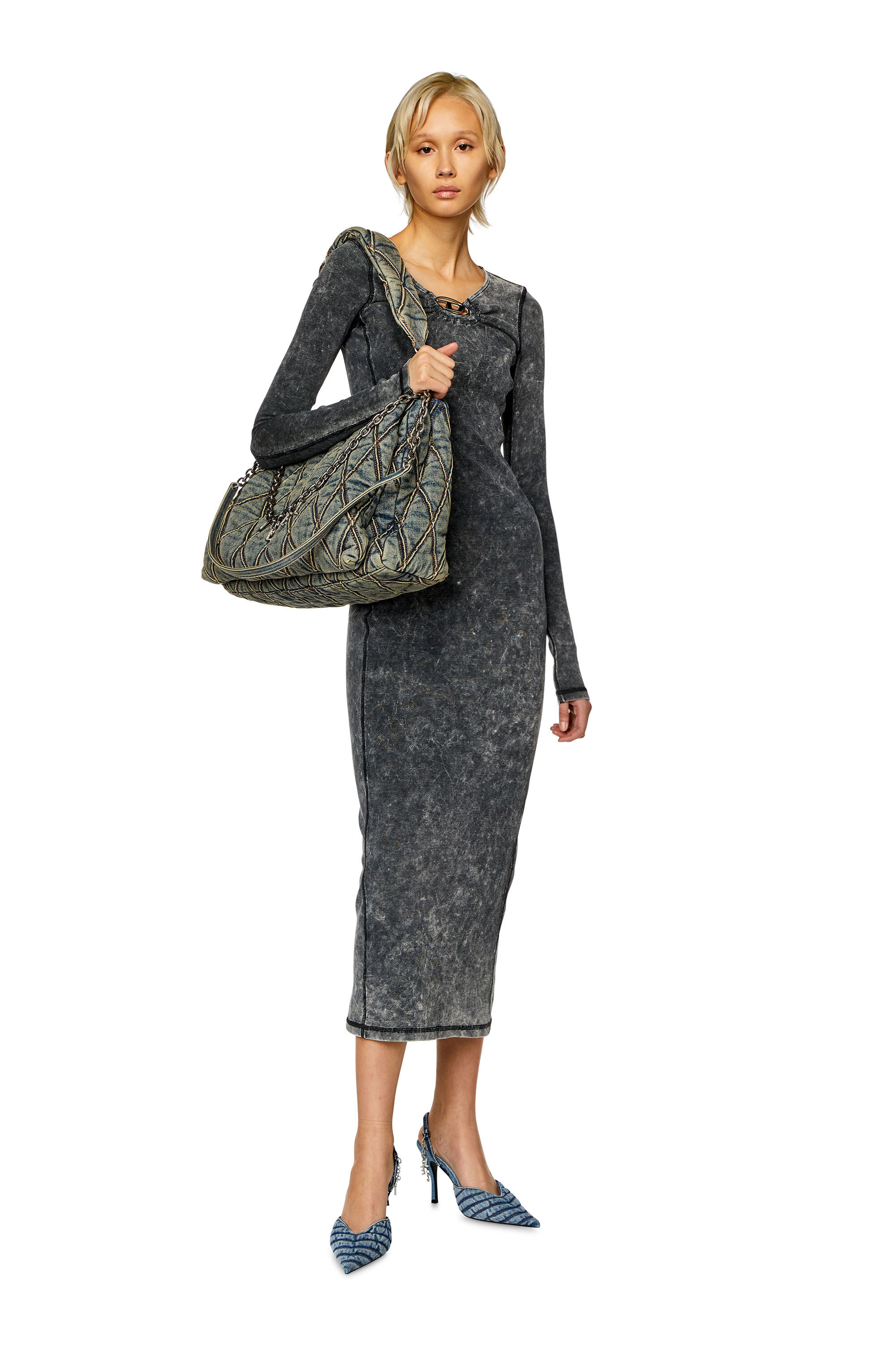 Women's Ribbed midi dress with oval D plaque | Grey | Diesel Women's Ribbed midi dress with oval D plaque | Grey | Diesel