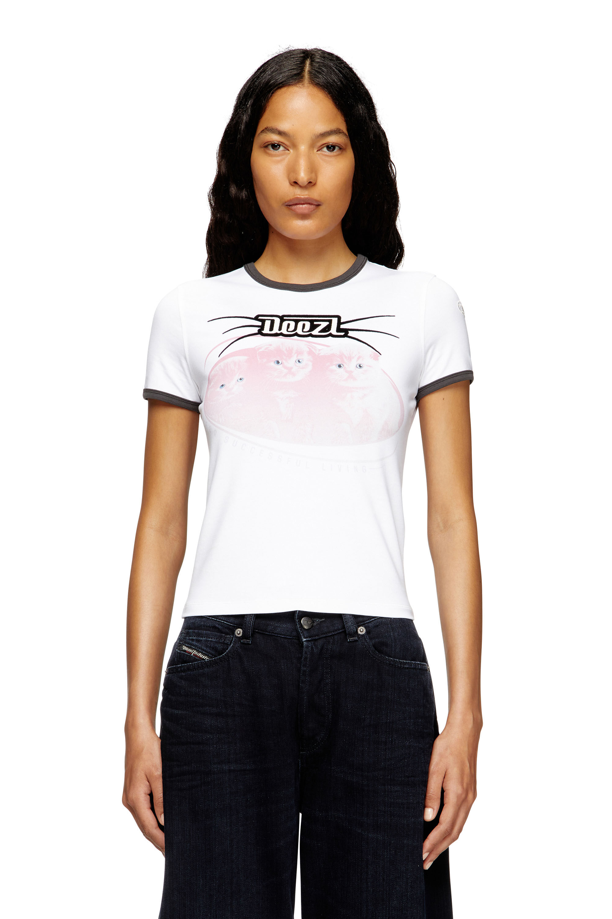 Diesel - T-UNCUTIES-LONG-R13, Camiseta de algodón con estampado de flocado Mujer in Blanco - 3