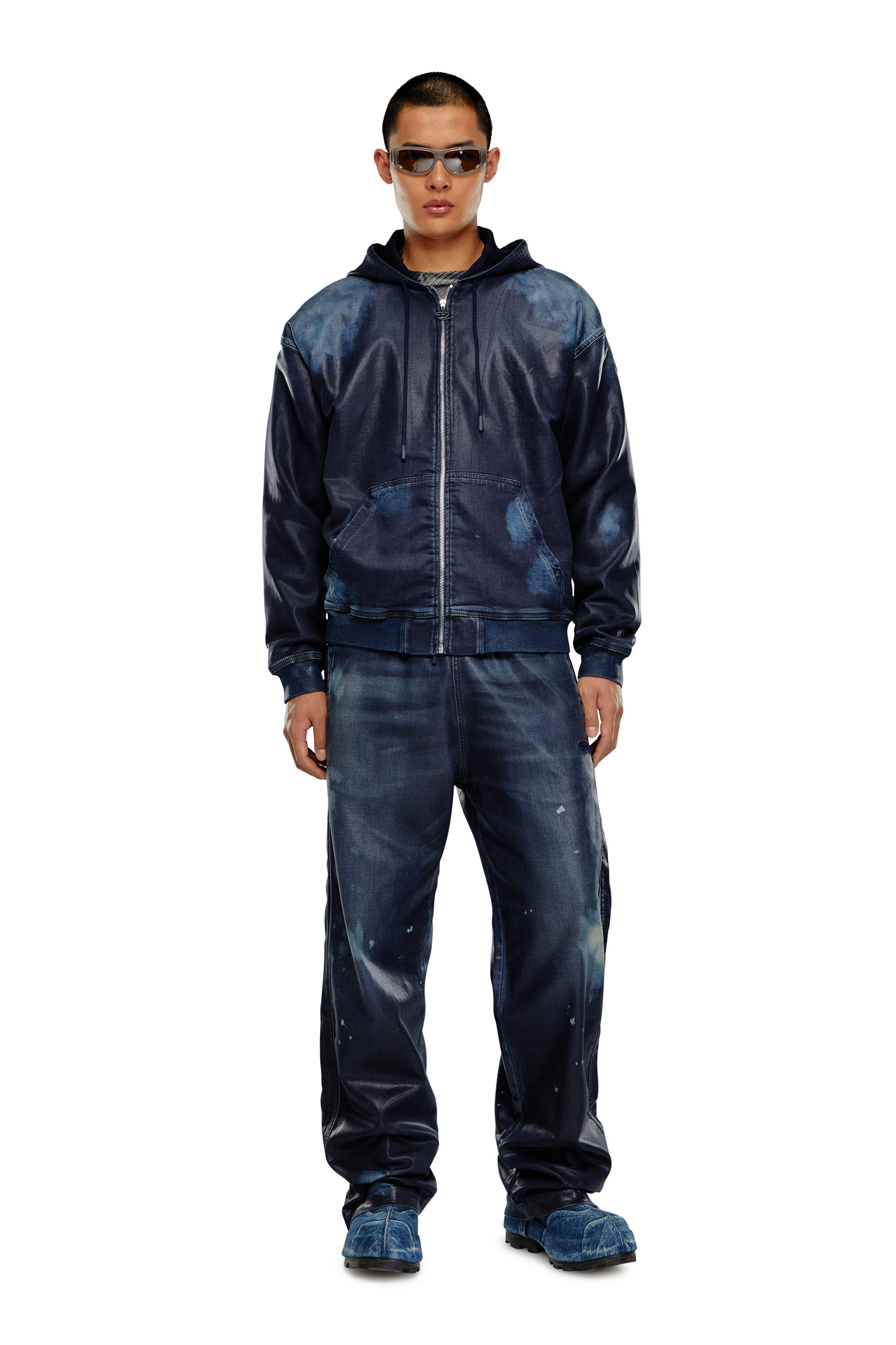 Men's Zip-up hoodie in coated Track Denim | Blue | Diesel