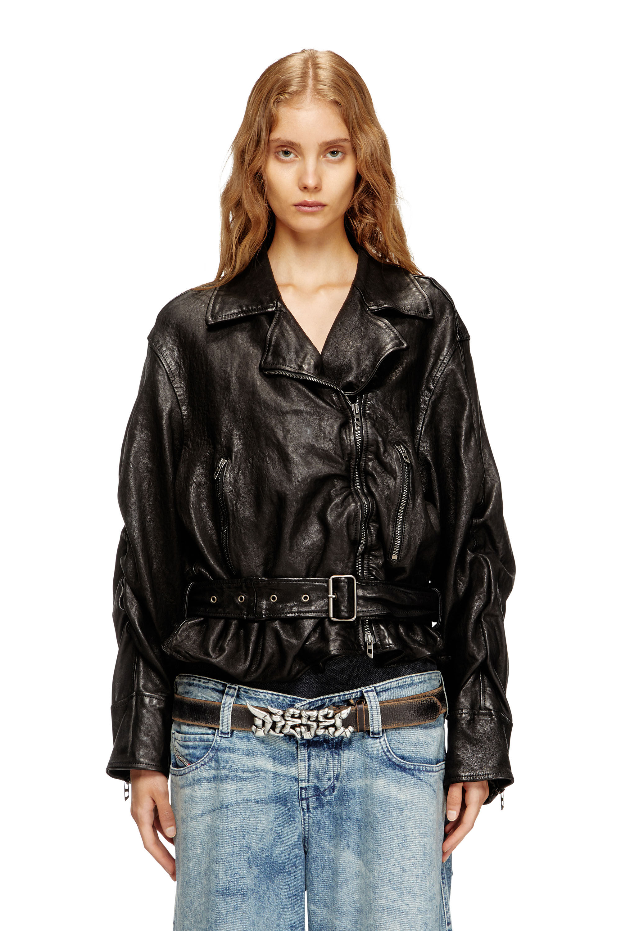 Diesel - L-OYS, Chaqueta con cinturón en cuero hervido Mujer in Negro - 3