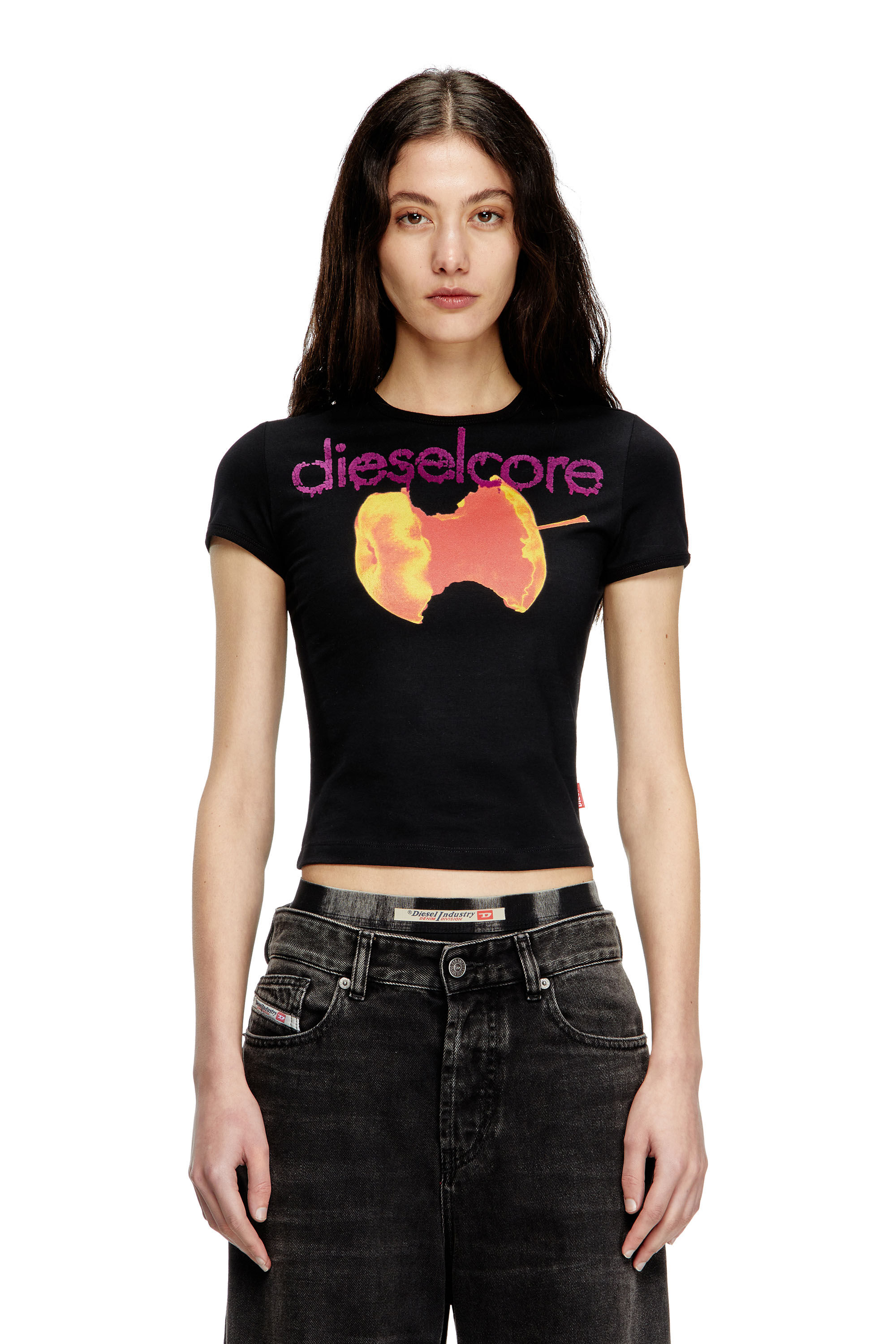 Tシャツ・カットソー DIESEL t-uncutie-long-q5 Women's Logo T-shirt with metallic effects | Silver | Diesel