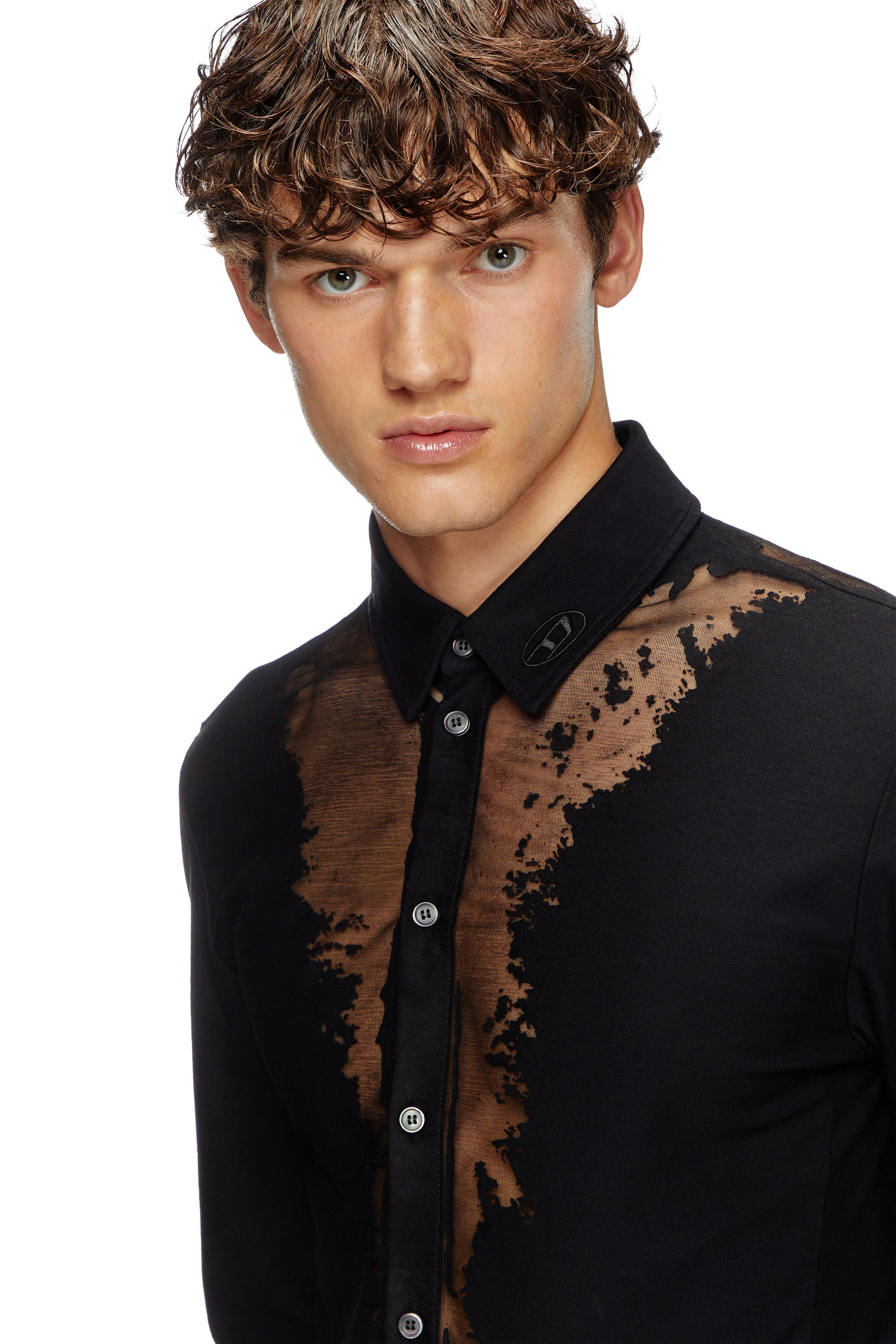Diesel - S-SUN-PLAIN, Man's Jersey shirt with devoré sweat stains in Black - 4