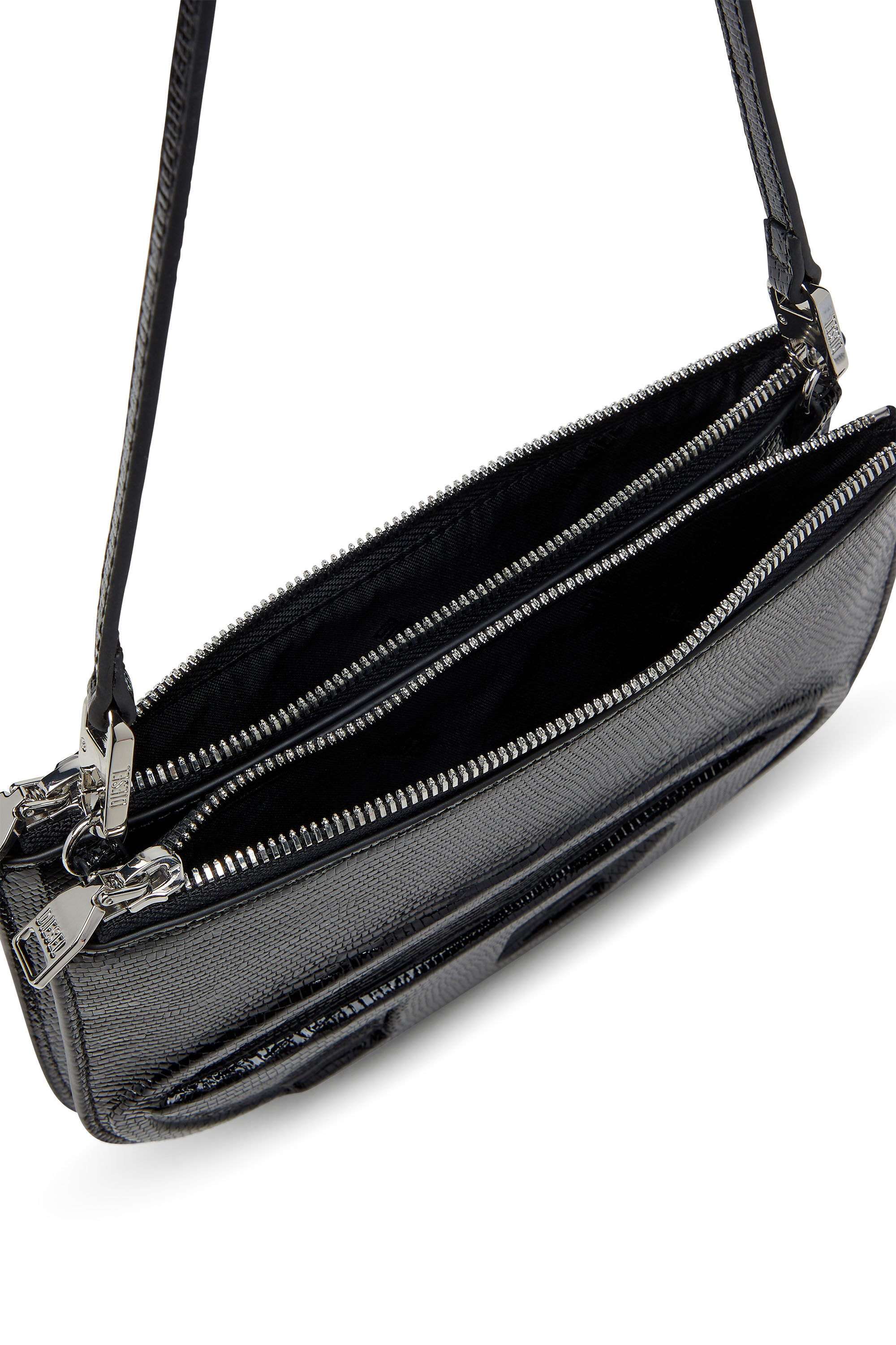 Diesel - 1DR TWIN, Bolso de hombro de doble bolsillo en cuero grabado Mujer in Negro - 2