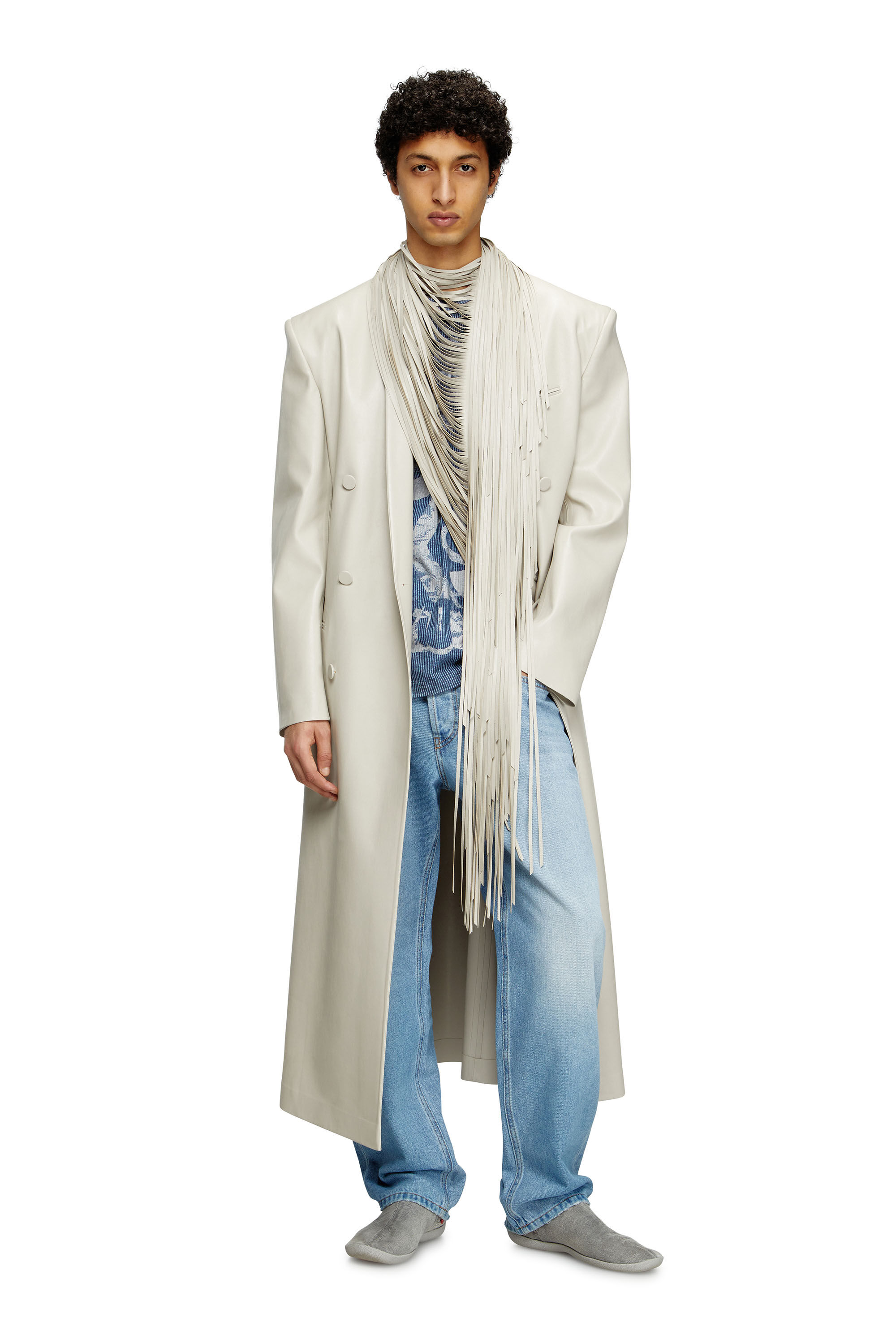 Diesel - J-ELDAR-A, Abrigo largo con flecos de bufanda rayada Hombre in Gris - 3