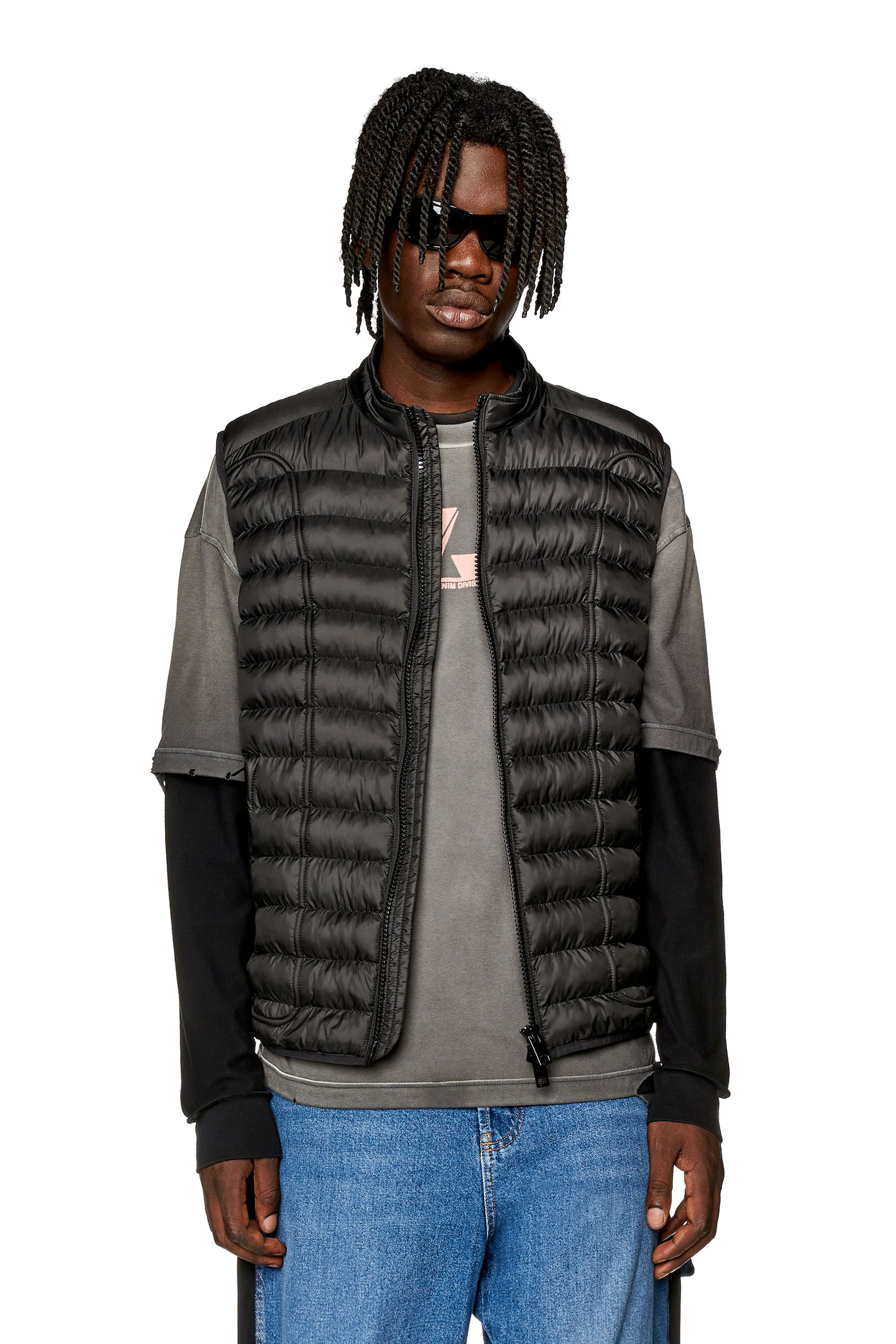 Diesel - W-HAWKYL-SL, Man's Padded nylon vest with piping in Black - 3