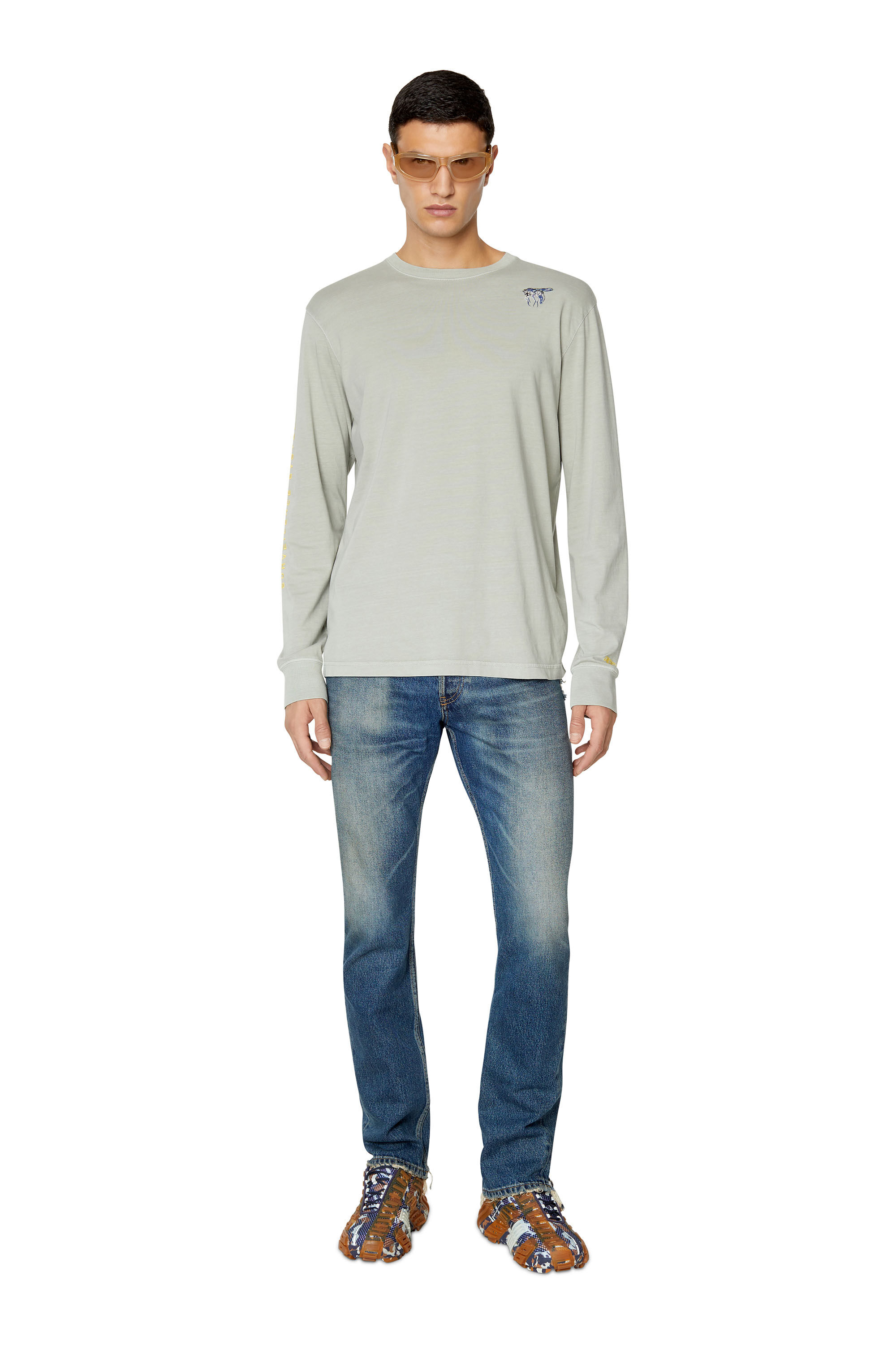 Diesel - T-JUST-LS-E10, Man's Long-sleeve T-shirt with fly embroidery in Grey - 1