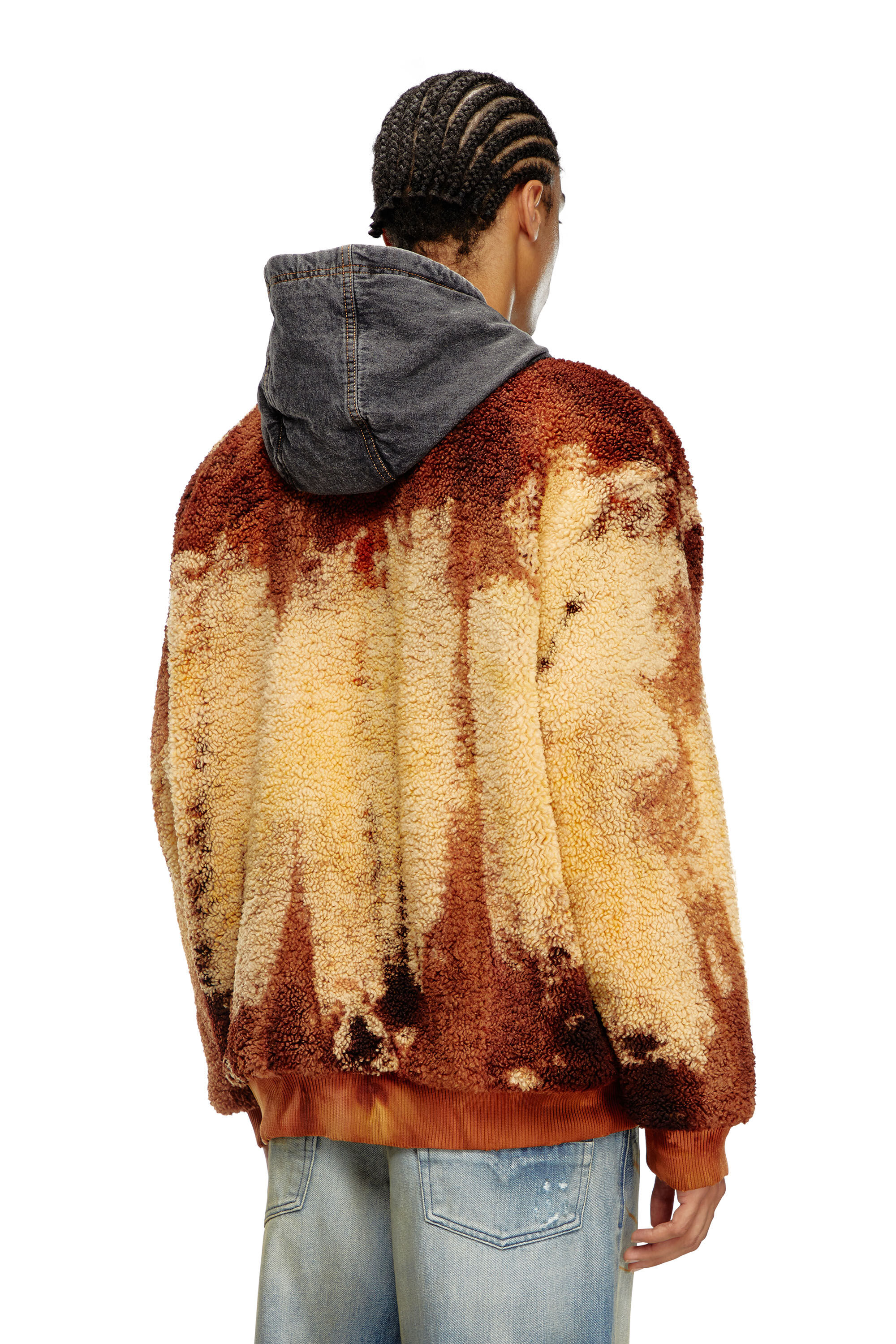Diesel - S-DEPLA, Man's Tie-dyed teddy jacket with denim hood in Brown/Yellow - 5