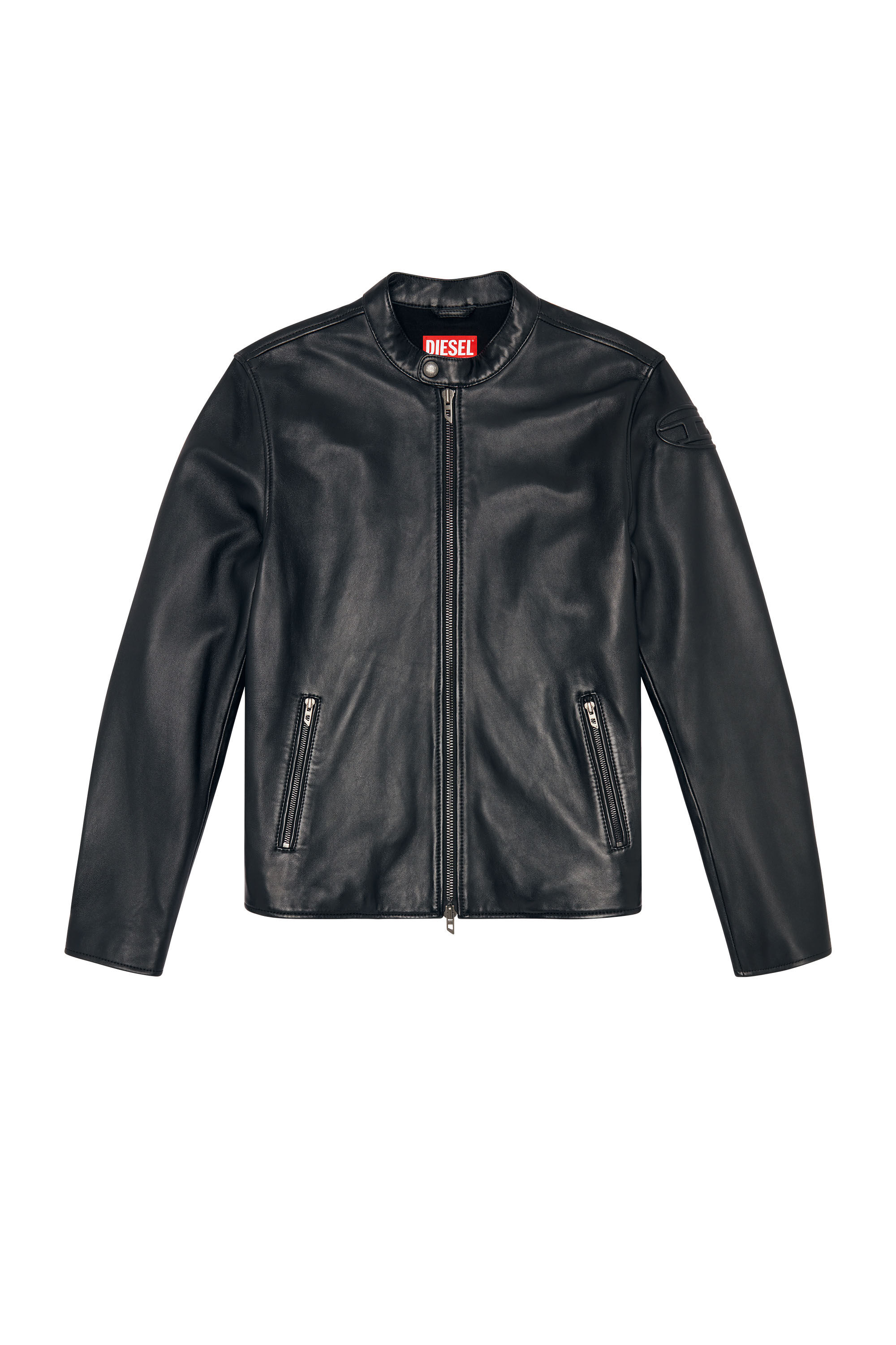 Men's Leather biker jacket with embossed logo | Black | Diesel