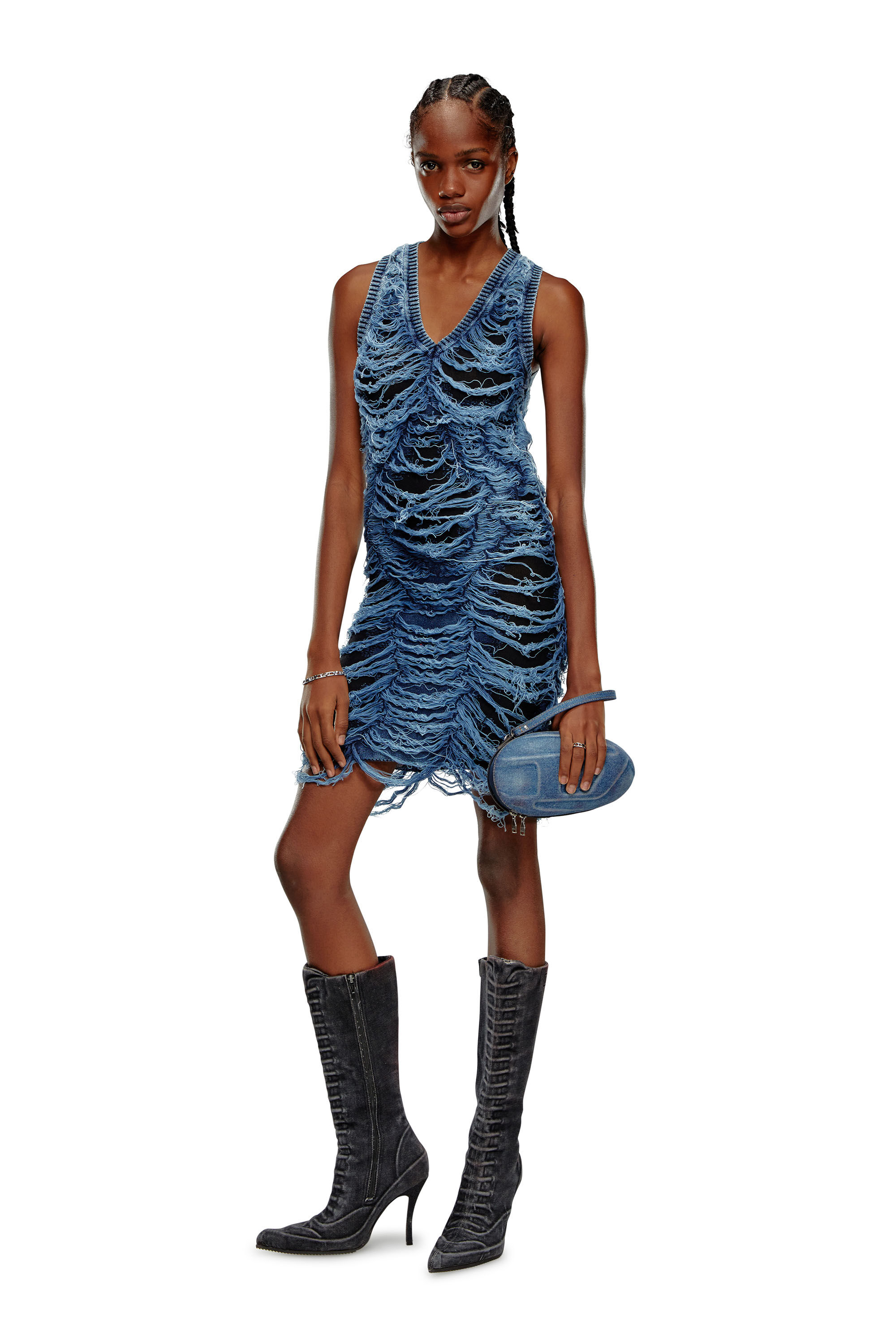 Women's Short dress in destroyed indigo knit | Blue | Diesel