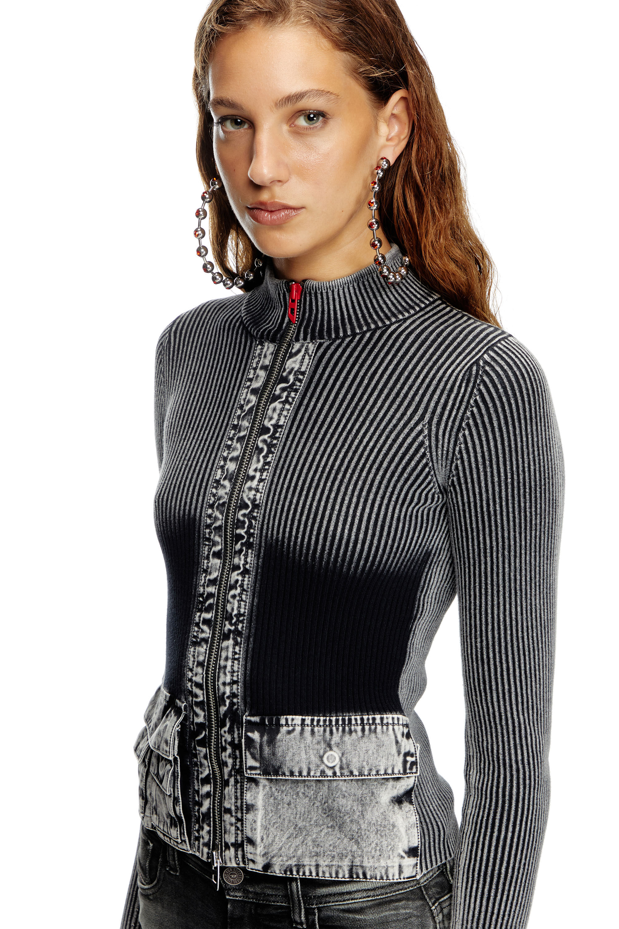 DIESEL カーディガン Mサイズ ブラック グレー Women's Zip-up cardigan with denim cargo pockets | Grey | Diesel