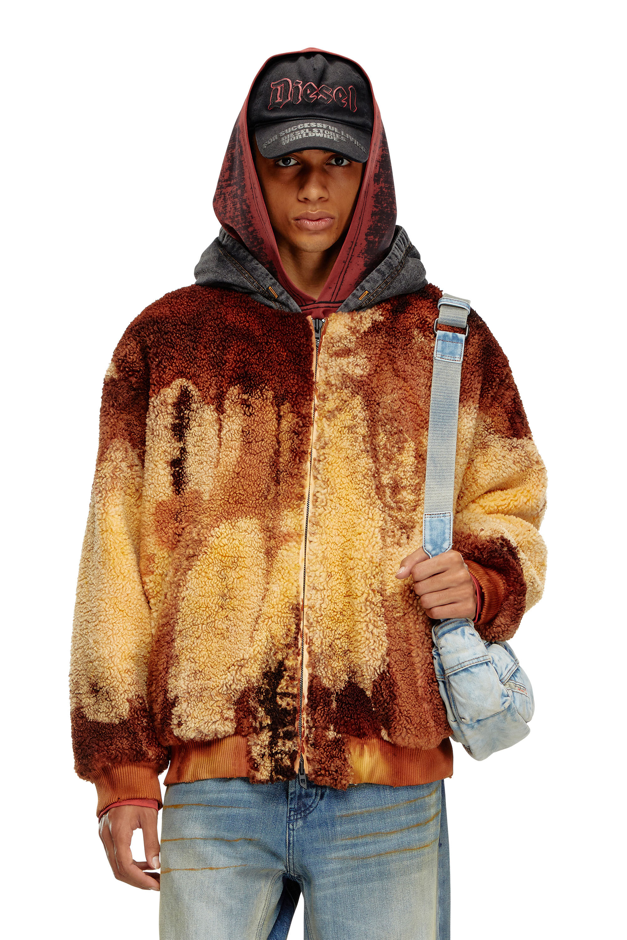 Diesel - S-DEPLA, Man's Tie-dyed teddy jacket with denim hood in Brown/Yellow - 3