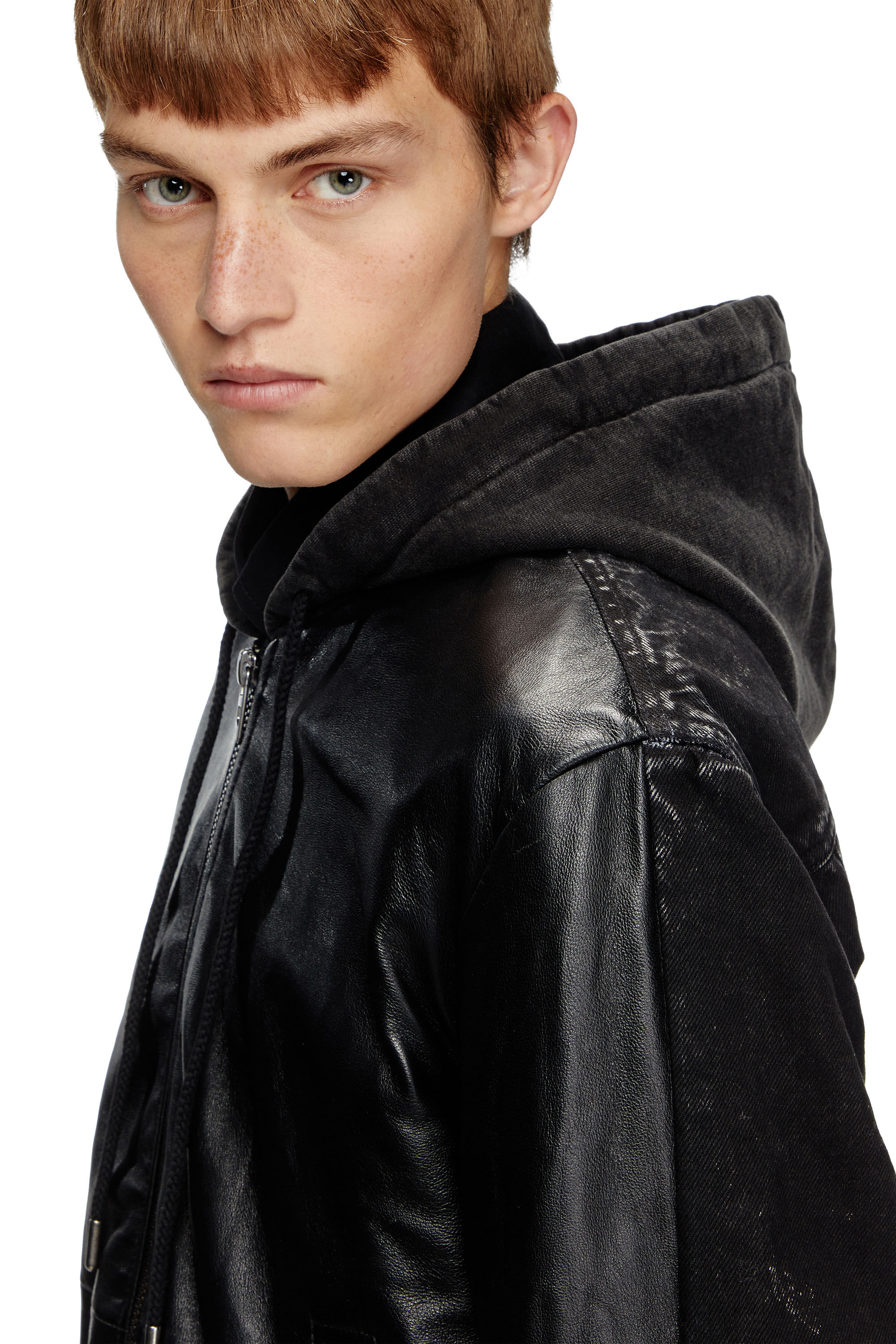 Diesel - L-OCHS, Man's Hooded jacket in leather, cotton and denim in Black - 4