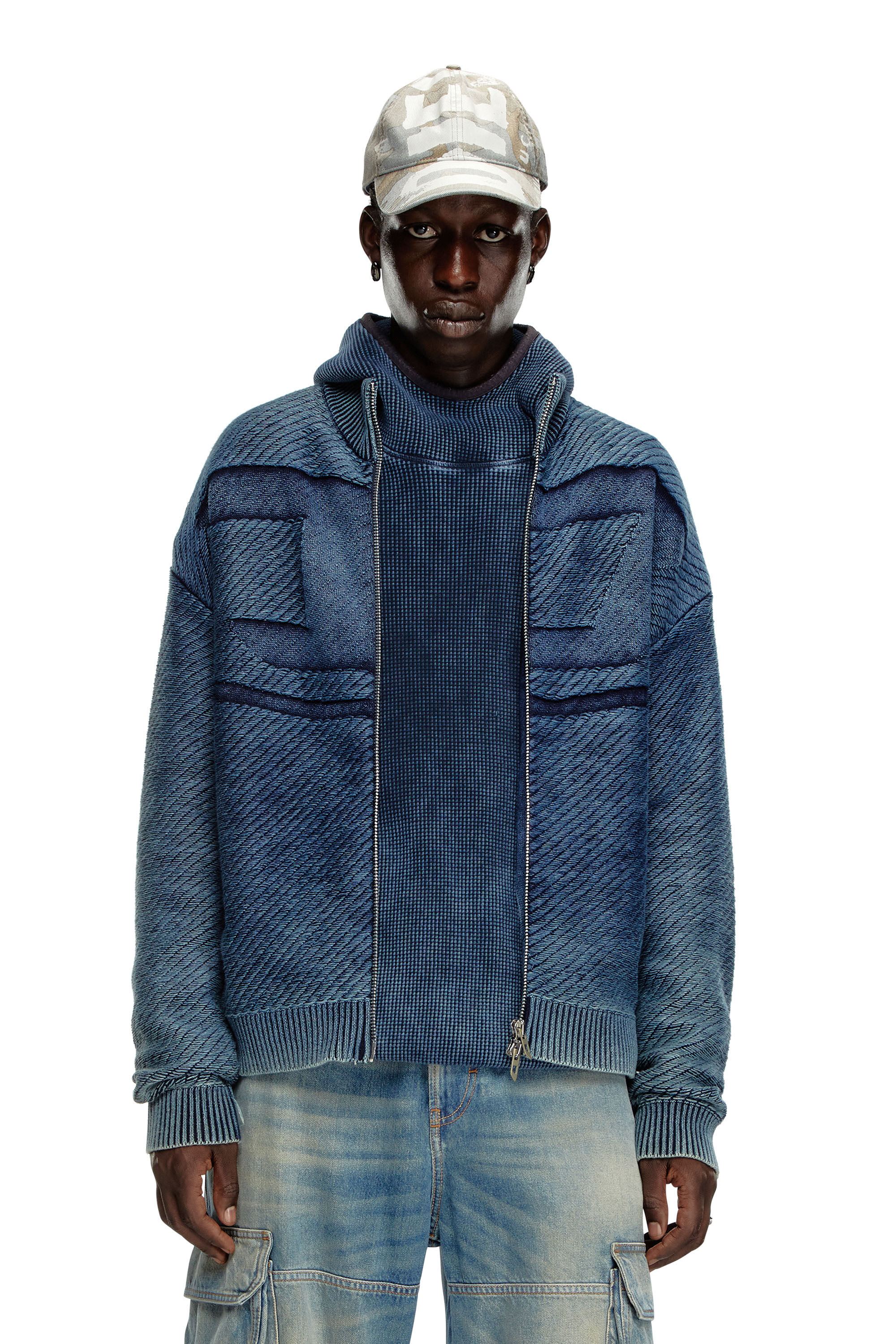 Men's Denim-effect zip-up cardigan in cotton | Blue | Diesel Men's Denim-effect zip-up cardigan in cotton | Blue | Diesel