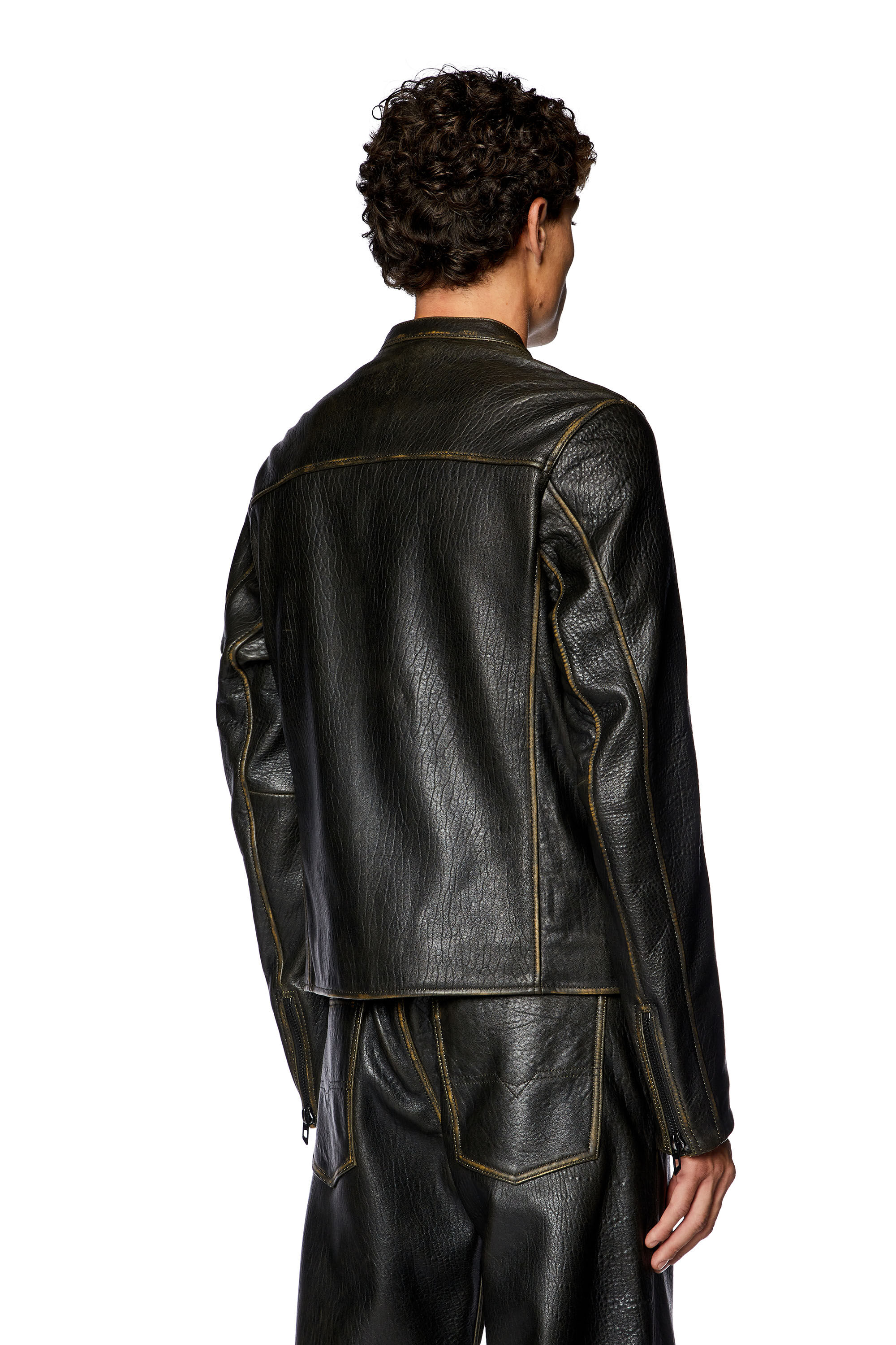 Diesel - L-COBBE, Man Biker jacket in wrinkled leather in Brown - Image 5