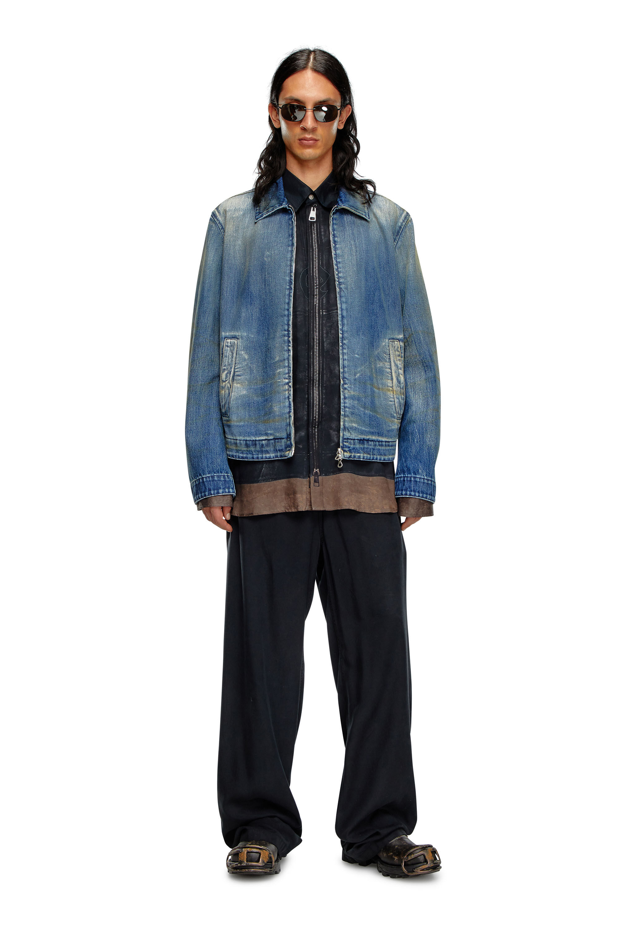 Diesel - D-ROHE, Man's Denim blouson jacket with dirt wash in Medium blue - 1