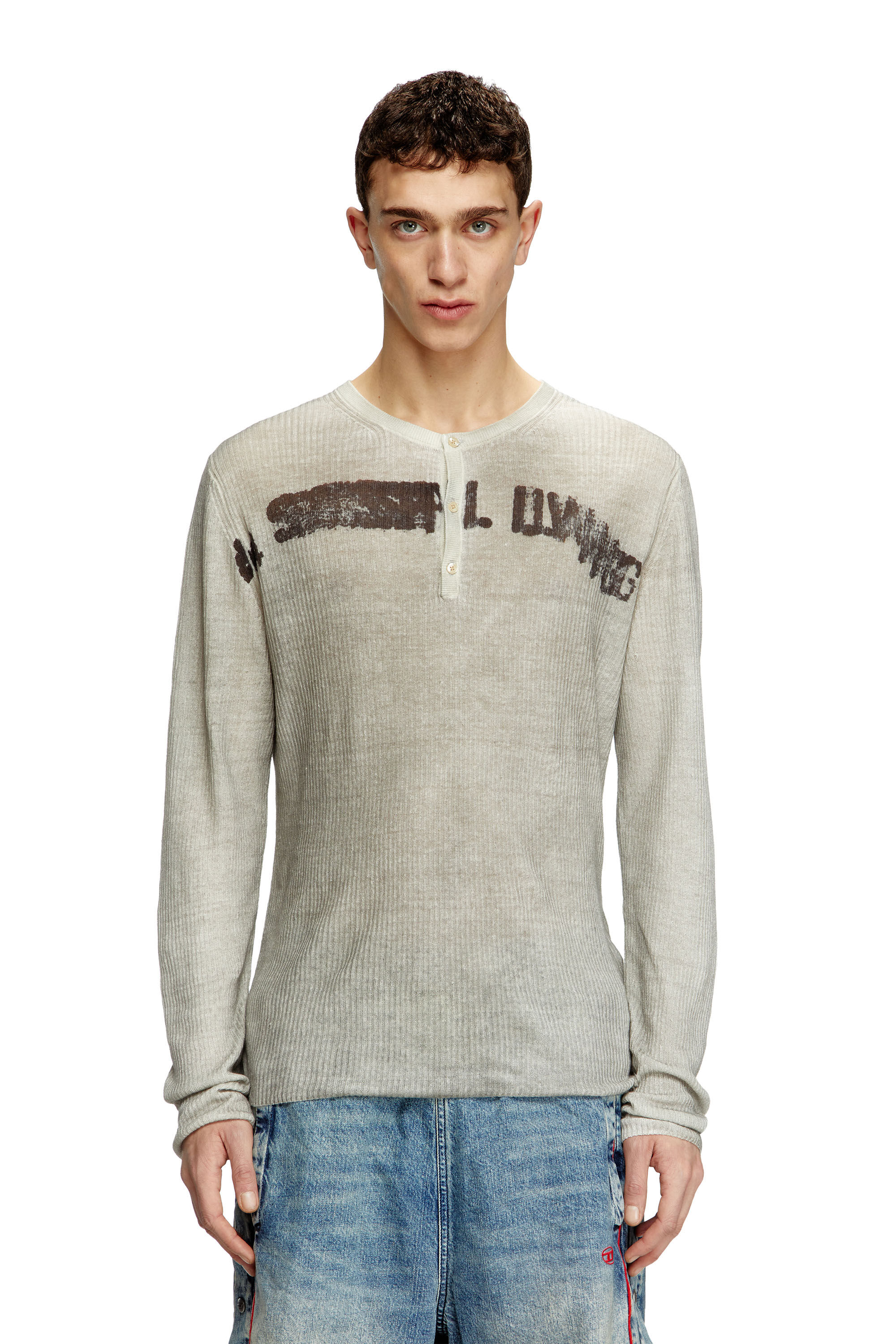 Diesel - K-ROBBY, Suéter Henley con efecto desgastado en lino Unisex in Beige - 3