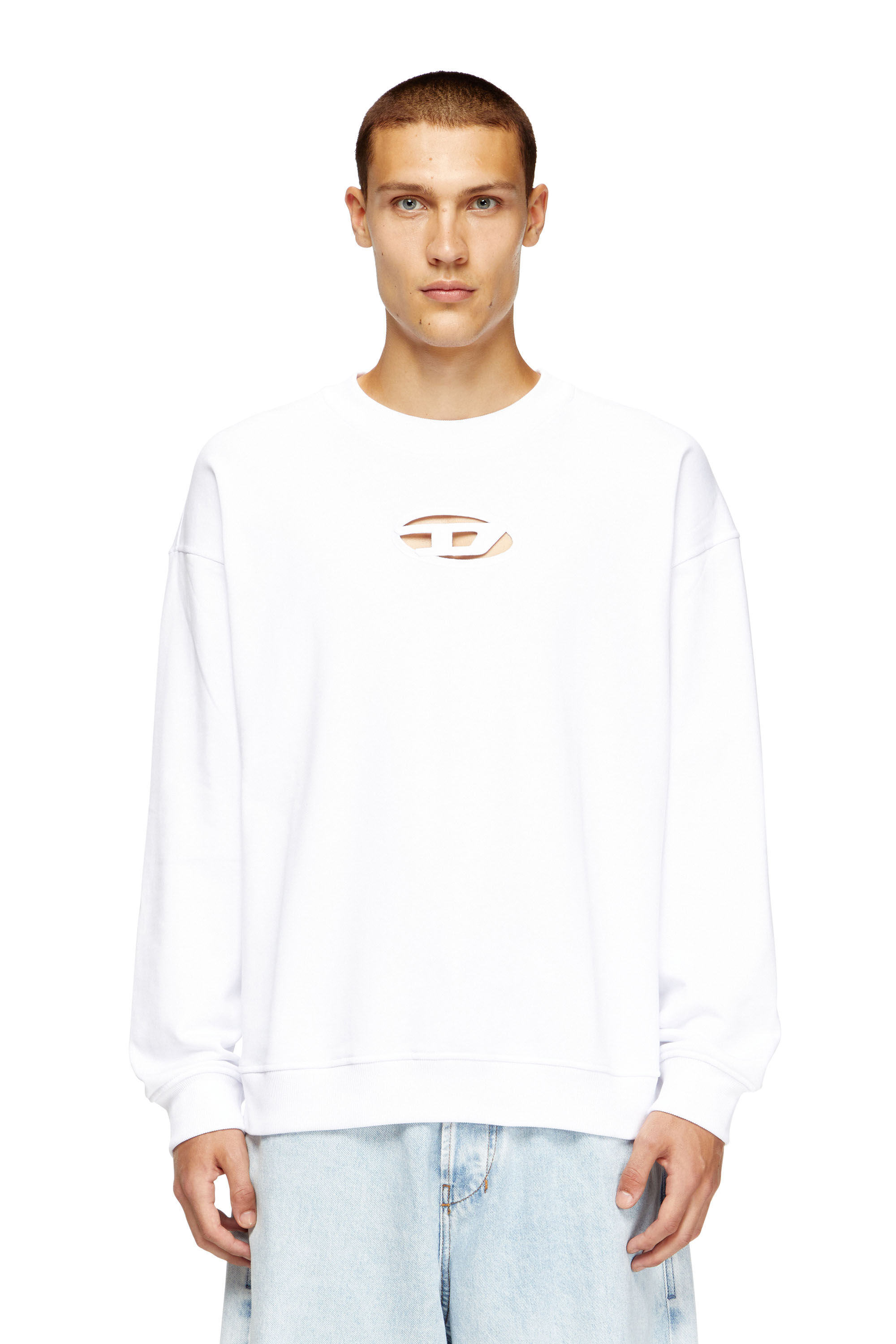 【送料&関税込】Diesel White Cotton Sweatshirt With Raised L Men's Sweatshirt with cut-out Oval D logo | White | Diesel