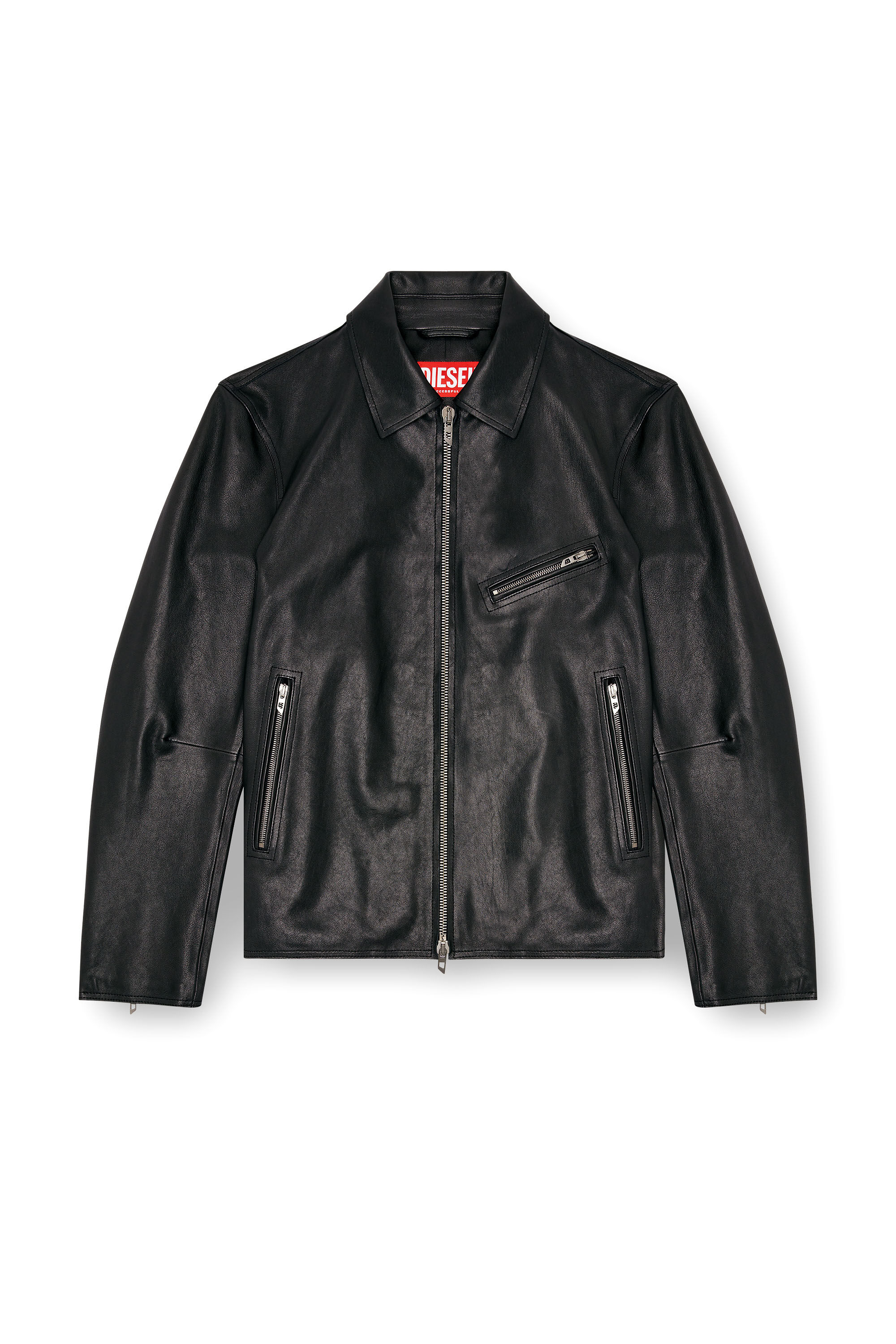 Men's Leather jacket with embossed Oval D | Black | Diesel