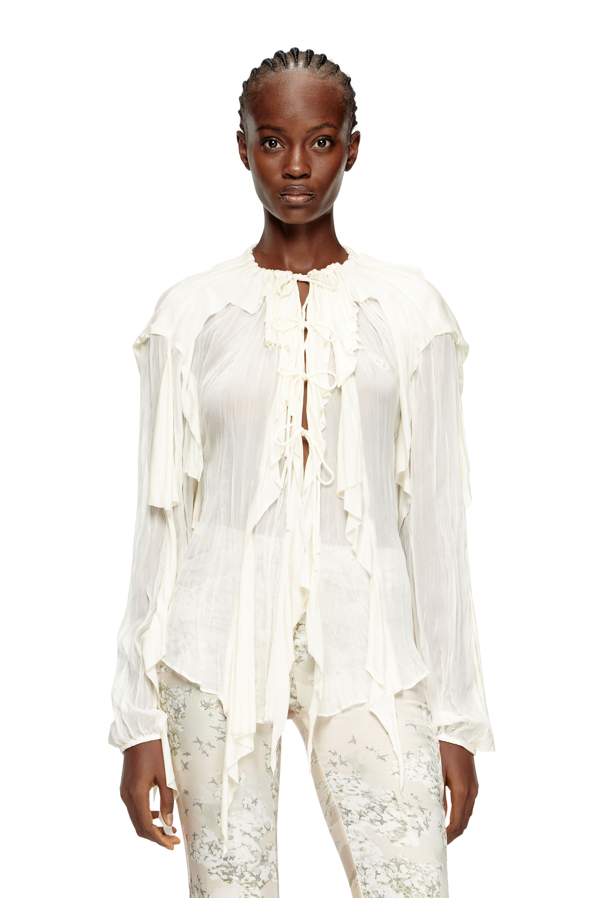 Diesel - C-LASSY, Blusa con volantes de muselina arrugada Mujer in Blanco - 3