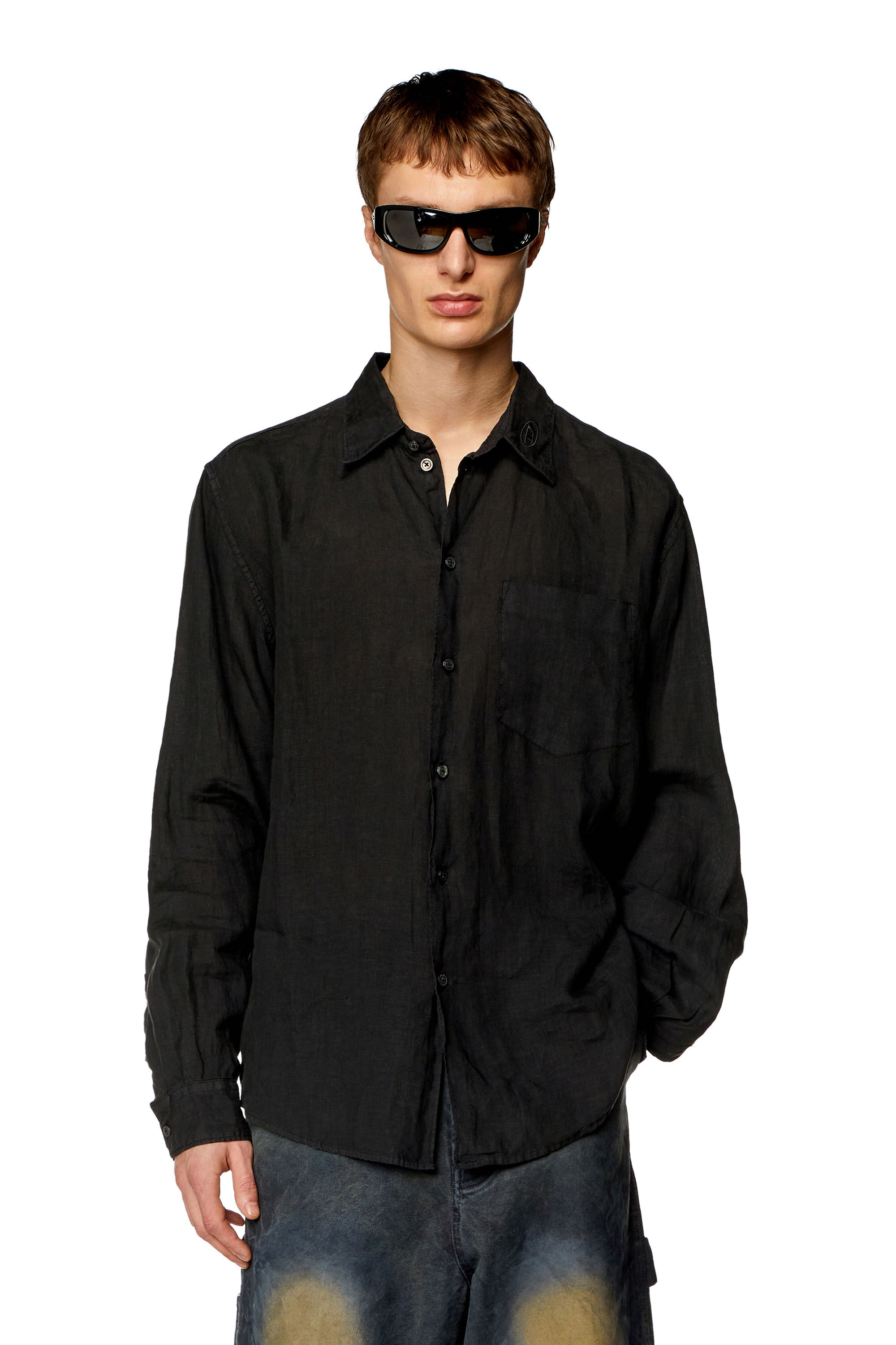 Camisa de lino con cuello con el logotipo Hombre Negro Diesel