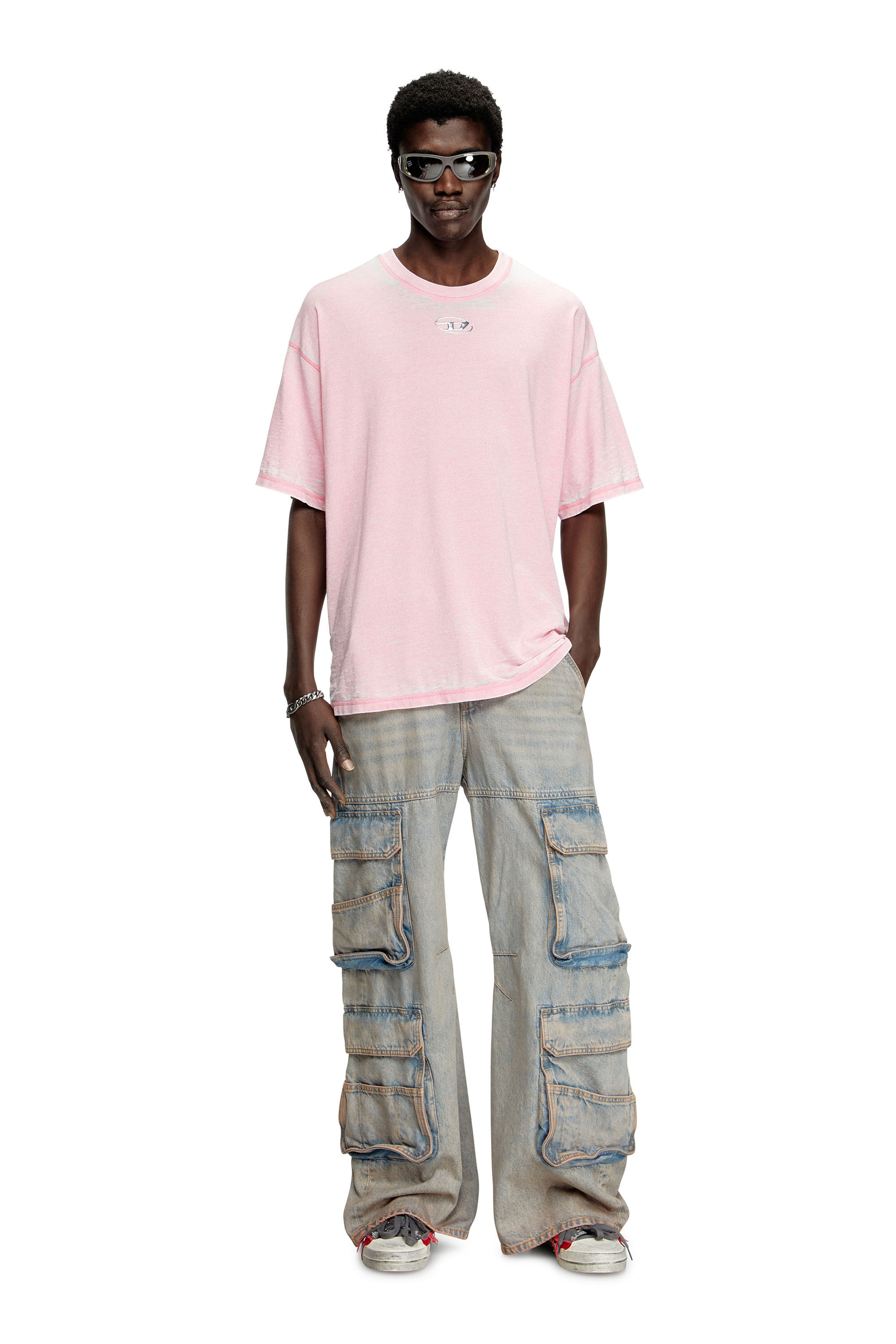 Men's Burnout T-shirt with metal-look logo | Pink | Diesel