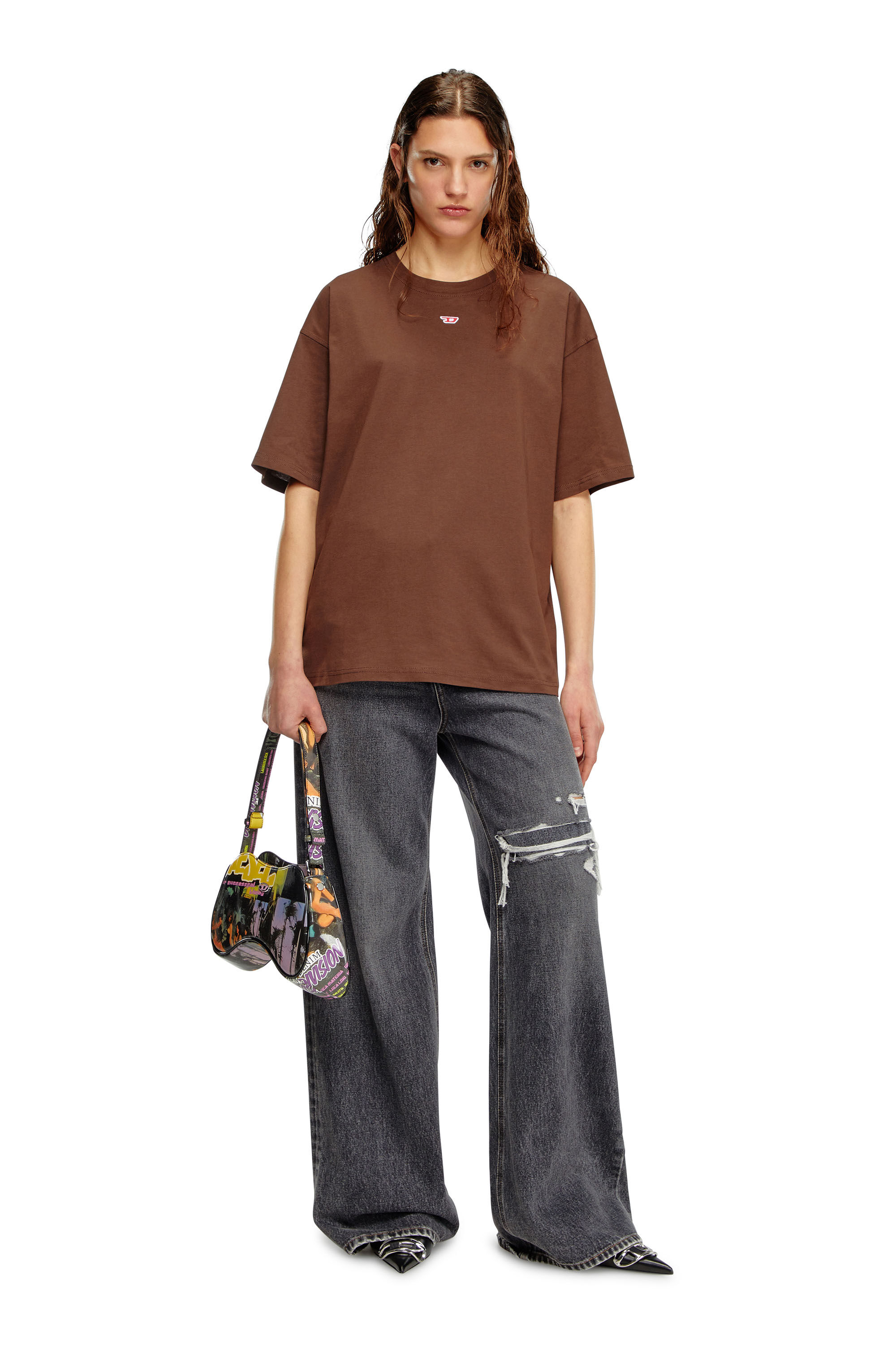 Women's T-shirt with embroidered D patch | Brown | Diesel