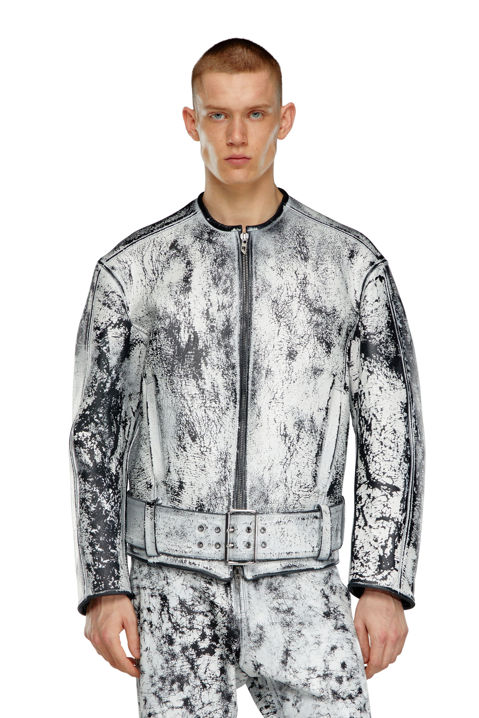 Diesel - L-MARGY-MALE, Man's Oversized biker jacket in treated leather in Black/White - 6