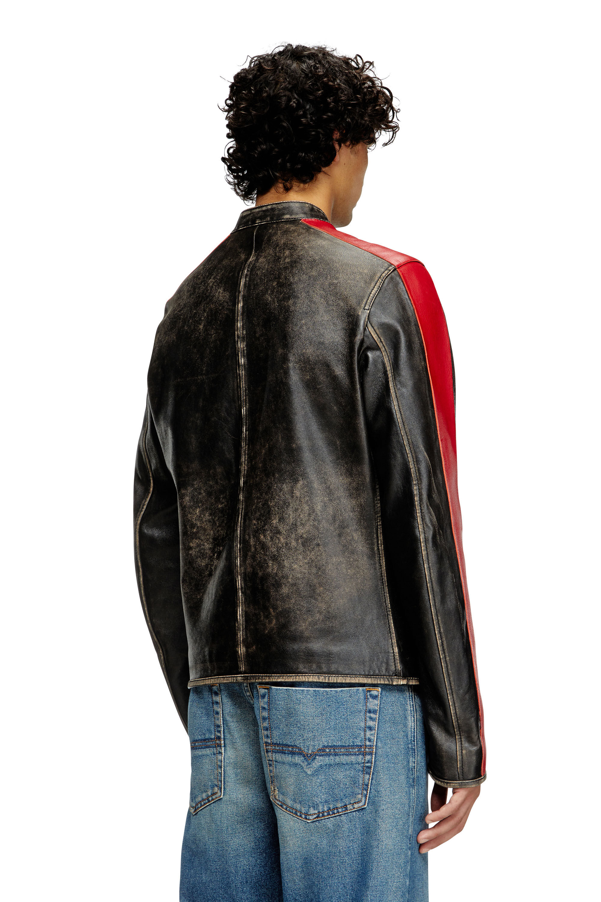 Diesel - L-RENN, Man's Leather jacket with contrasting stripes in Black/Red - 5