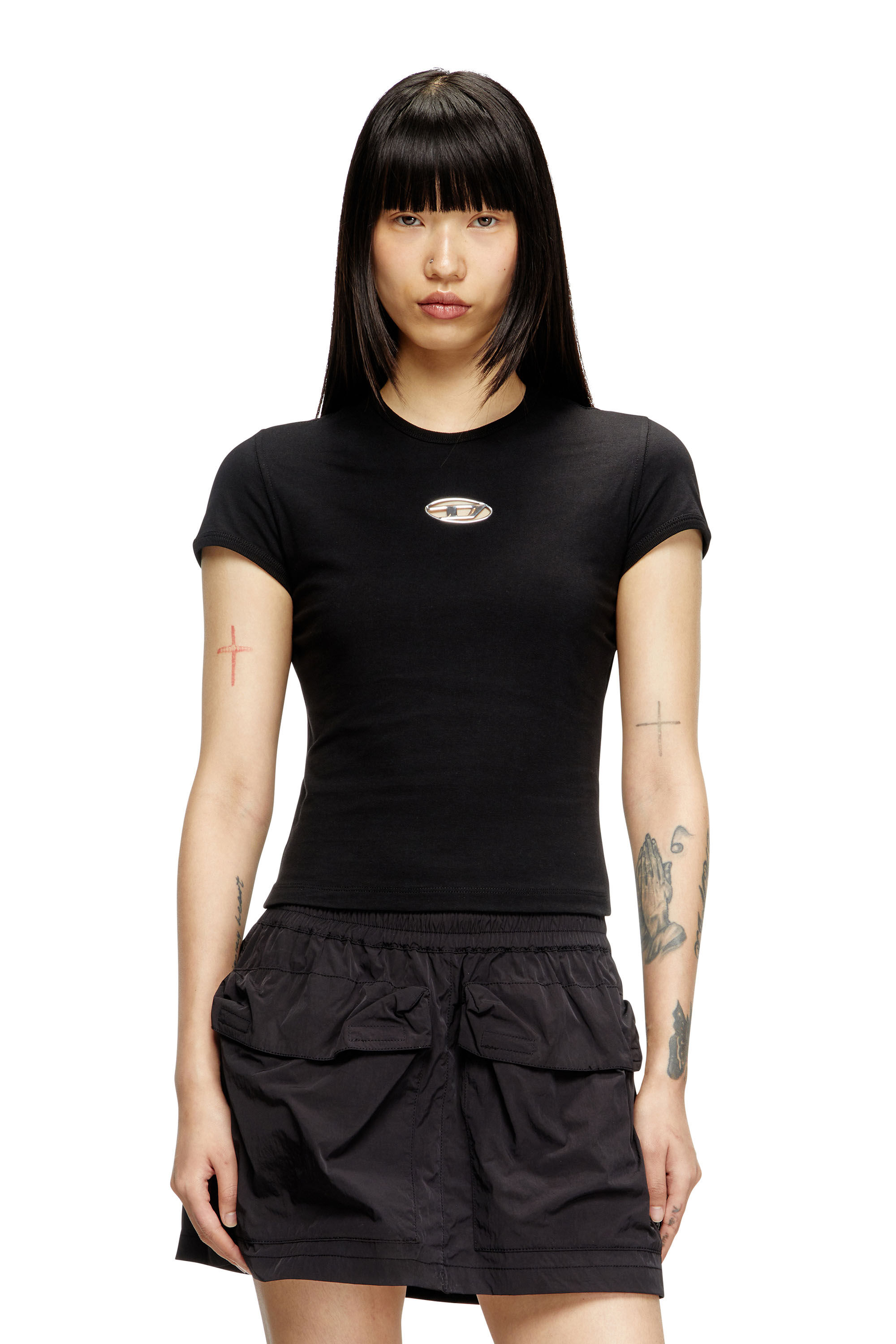 【爆買い！】 Women's Slim fit T-shirt with cut-out Oval D | Black | Diesel トップス