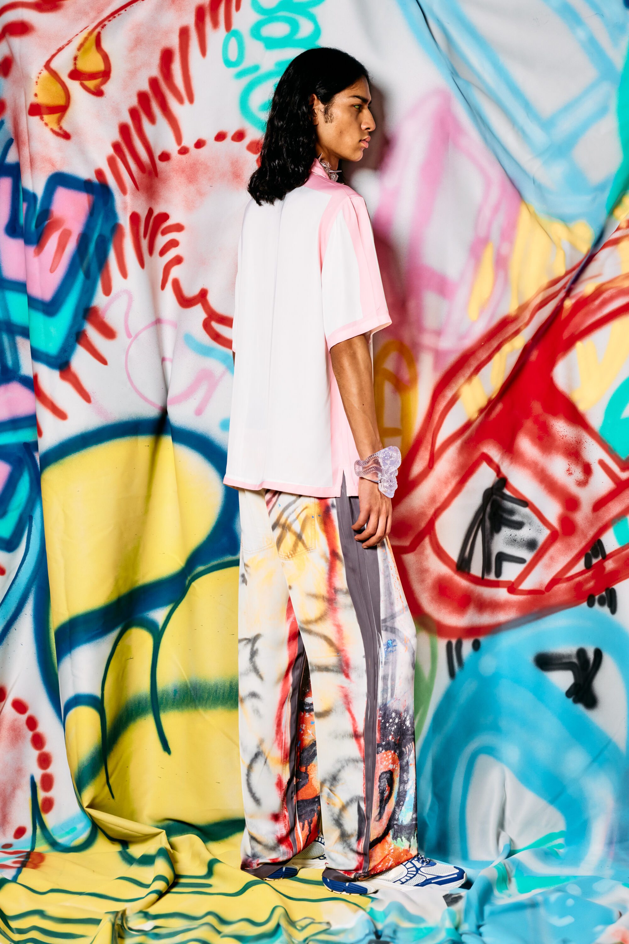 Diesel - C-PAROSHORT-GRAFFITI-FRA, Unisex's Satin bowling shirt with graffiti logo in Pink/White - 5