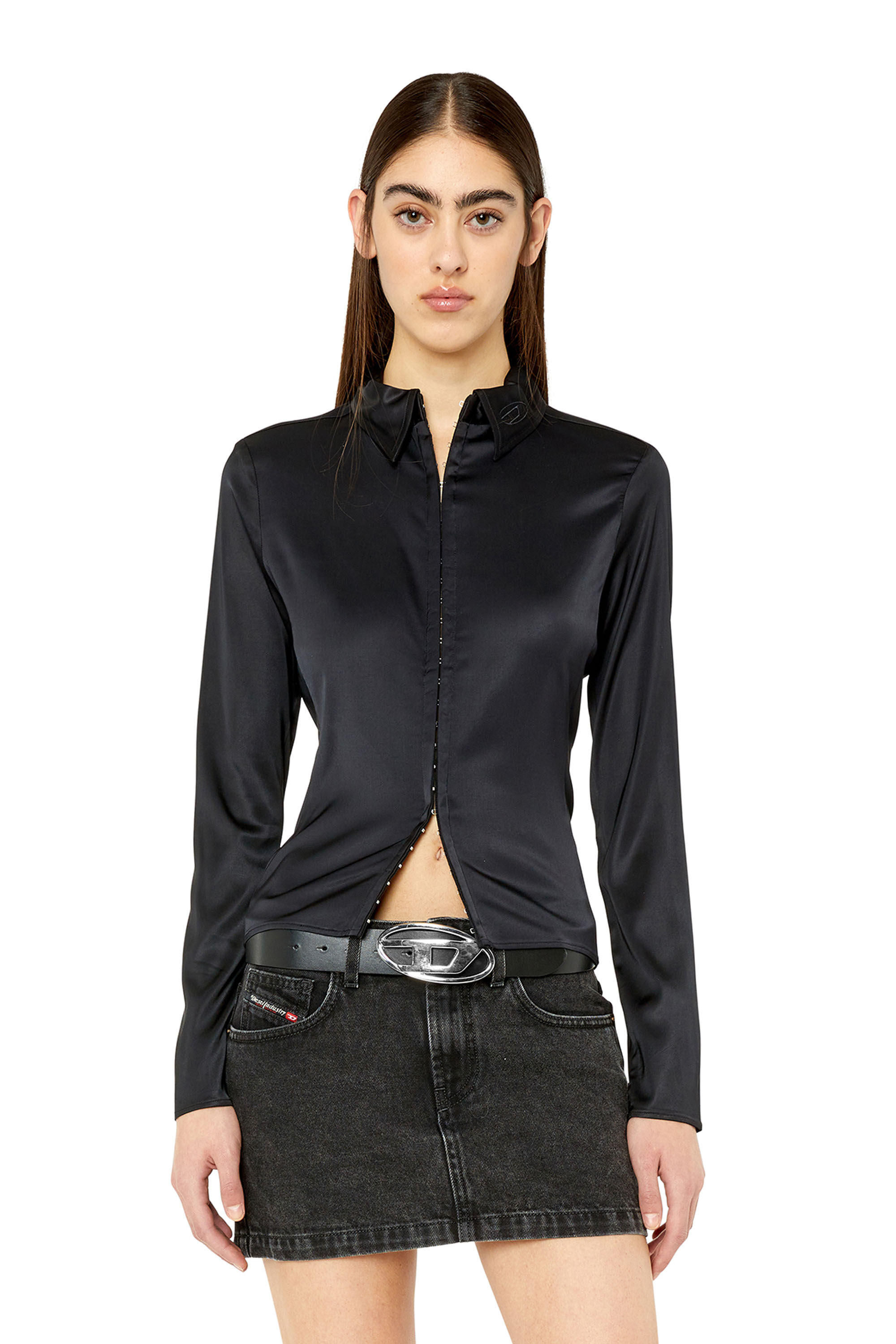 Diesel - C-BREA, Woman's Fluid satin shirt with D embroidery in Black - 3