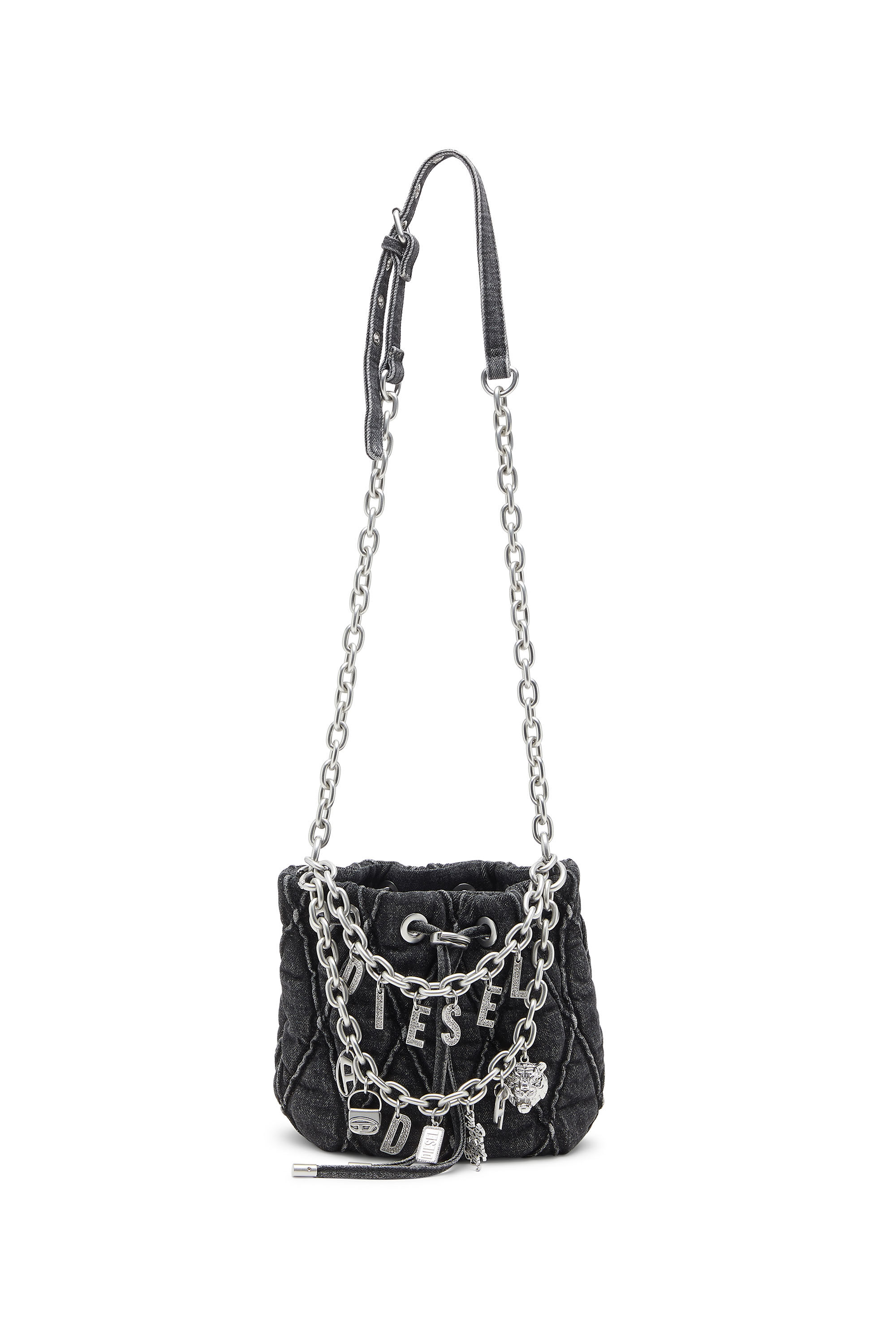 Women's Quilted-denim bucket bag with chain charms | Black