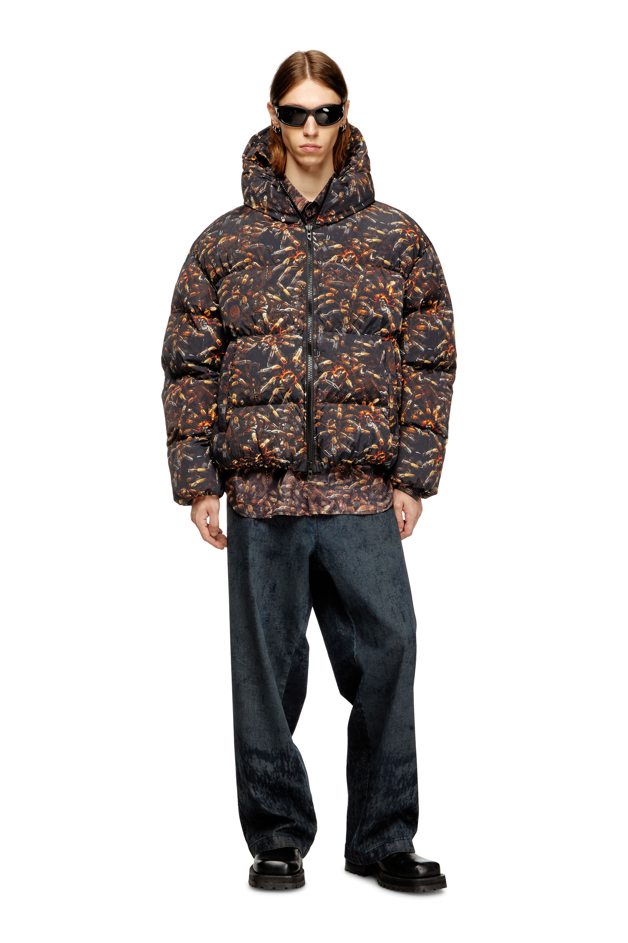 Diesel - W-SPIDER, Man's Hooded puffer jacket with spider print in null - 1
