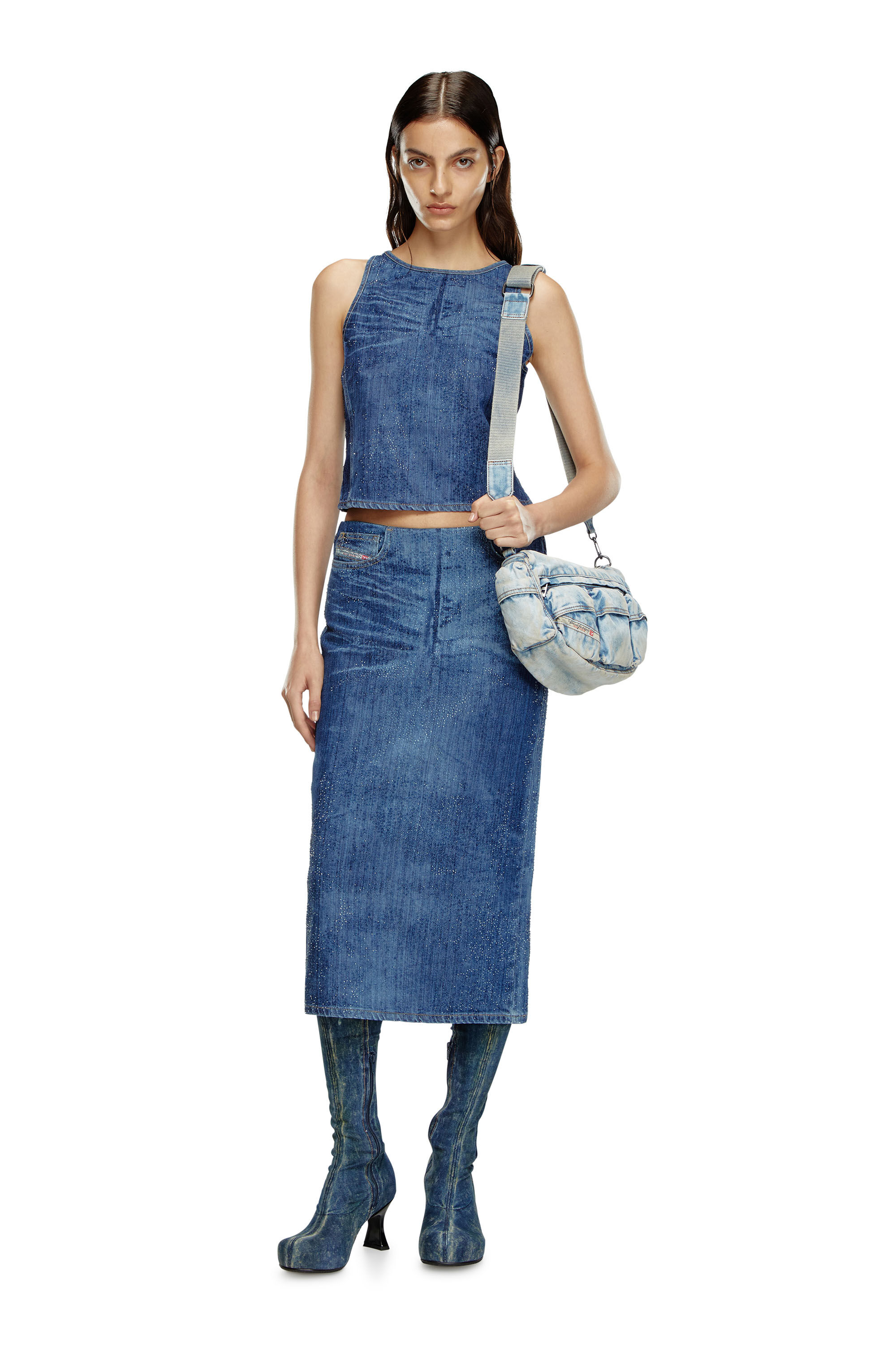 Women's Racerback top in rhinestone denim | Blue | Diesel