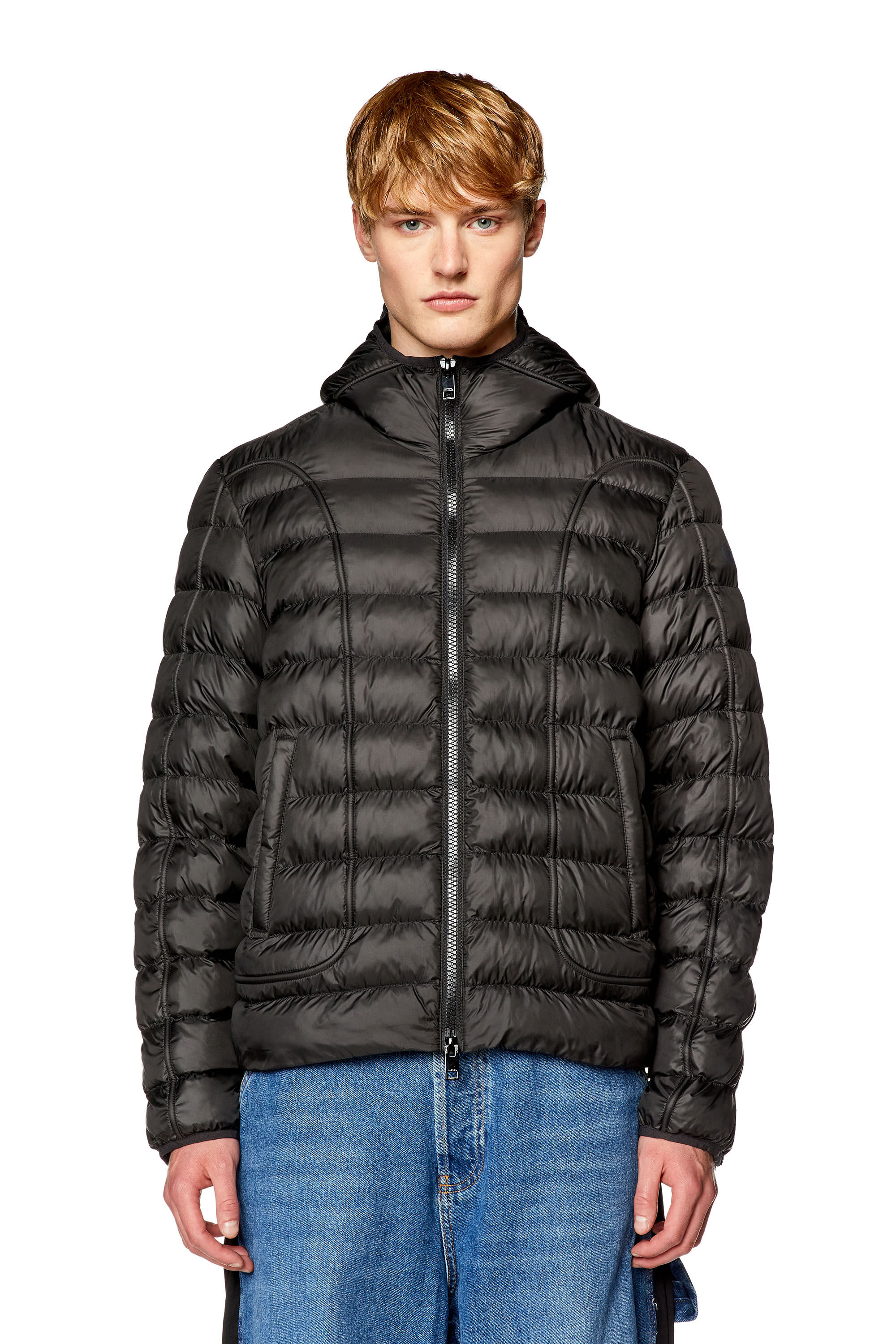 Diesel - W-SCOTTYS, Man's Hooded nylon puffer jacket with piping in Black - 5