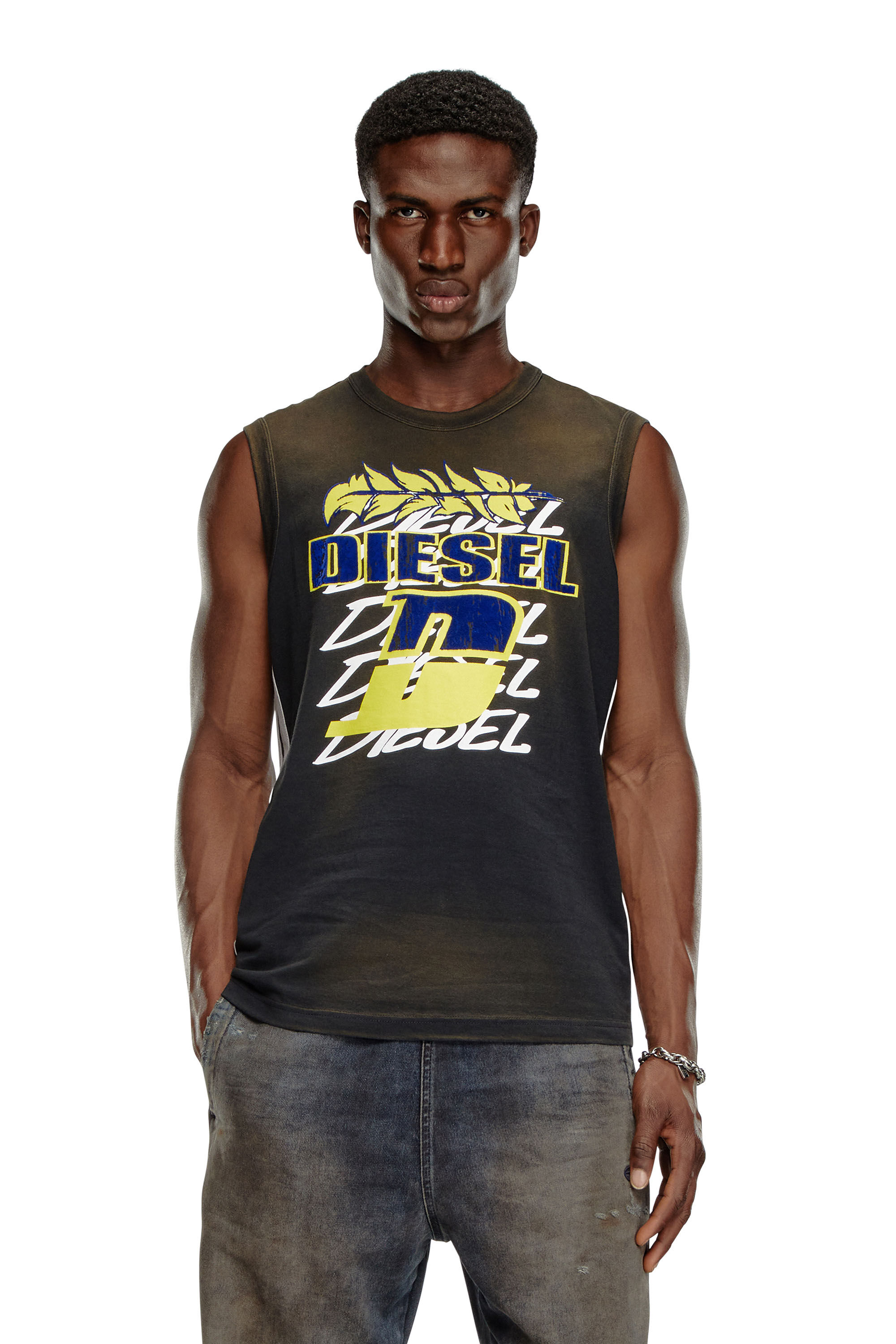 Diesel - T-BISCO-STRIPE, Man's Sun-faded tank top with side bands in Black - 3
