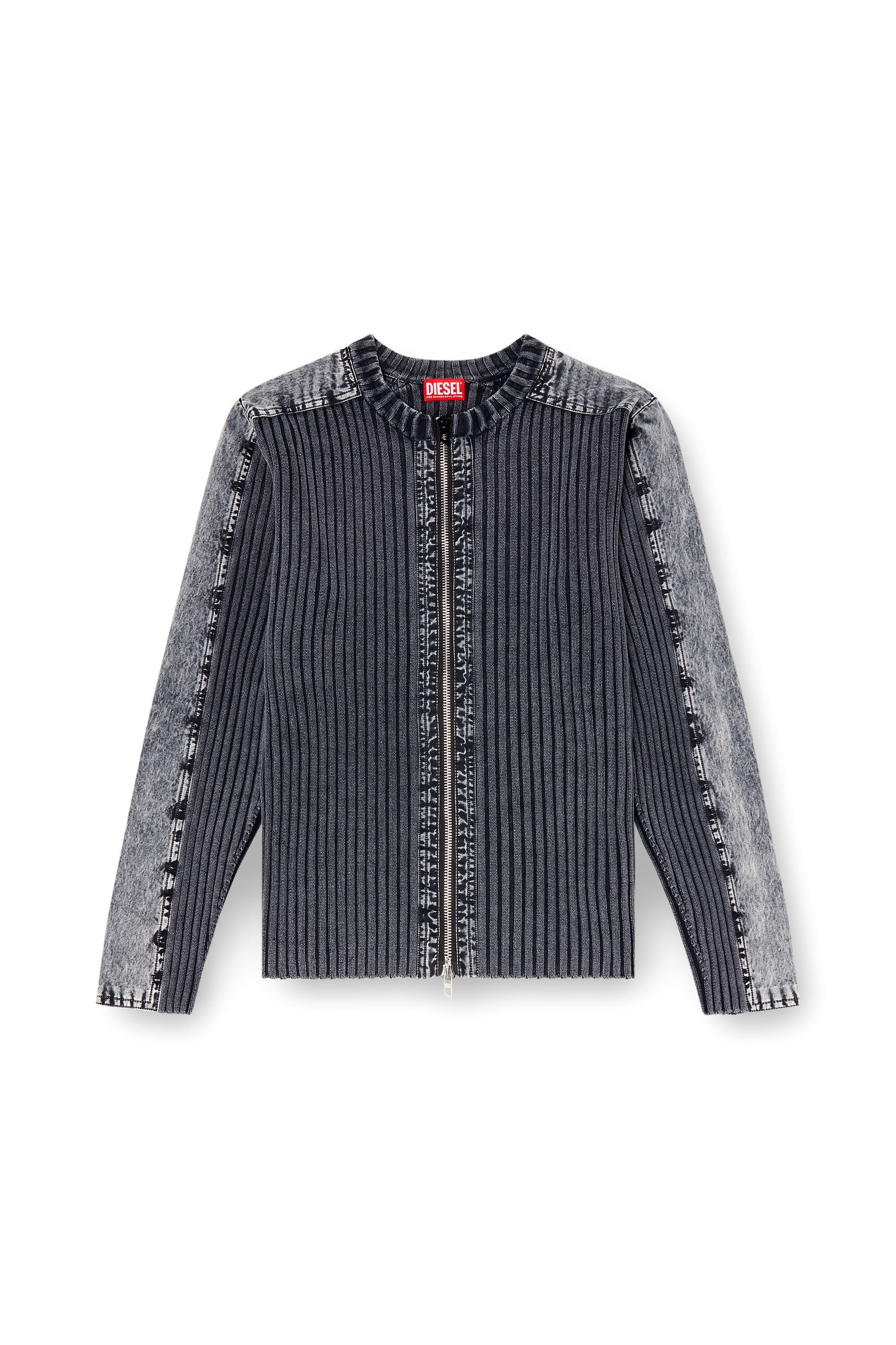 Diesel - K-MATTY, Cárdigan con cremallera y bandas de denim en las mangas Hombre in Gris - 2